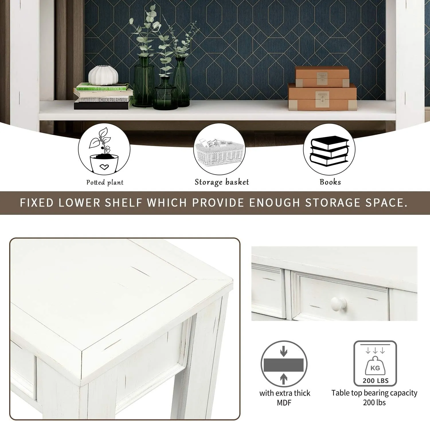 Merax Antique White Wood Narrow Console Table for Entryway Hallway Front Door Sidetable with Drawers and Bottom Shelf, 1 Set
