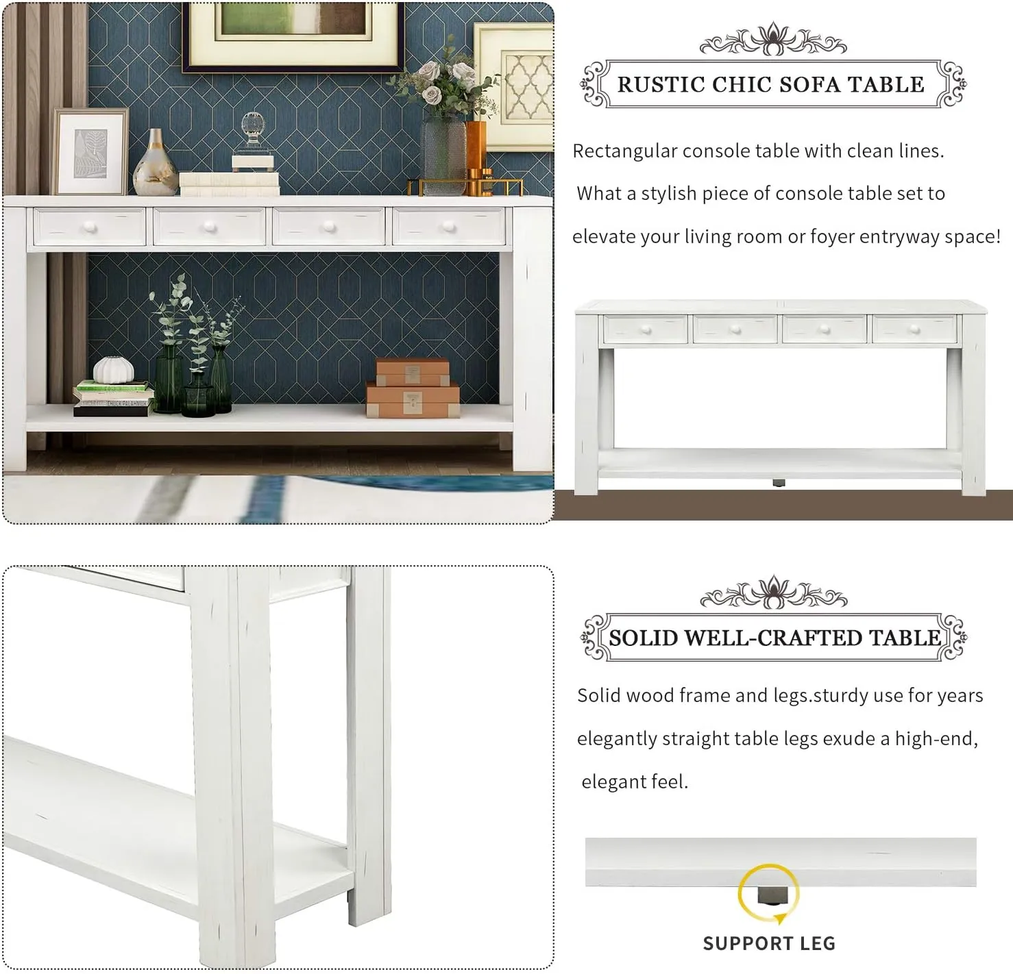 Merax Antique White Wood Narrow Console Table for Entryway Hallway Front Door Sidetable with Drawers and Bottom Shelf, 1 Set