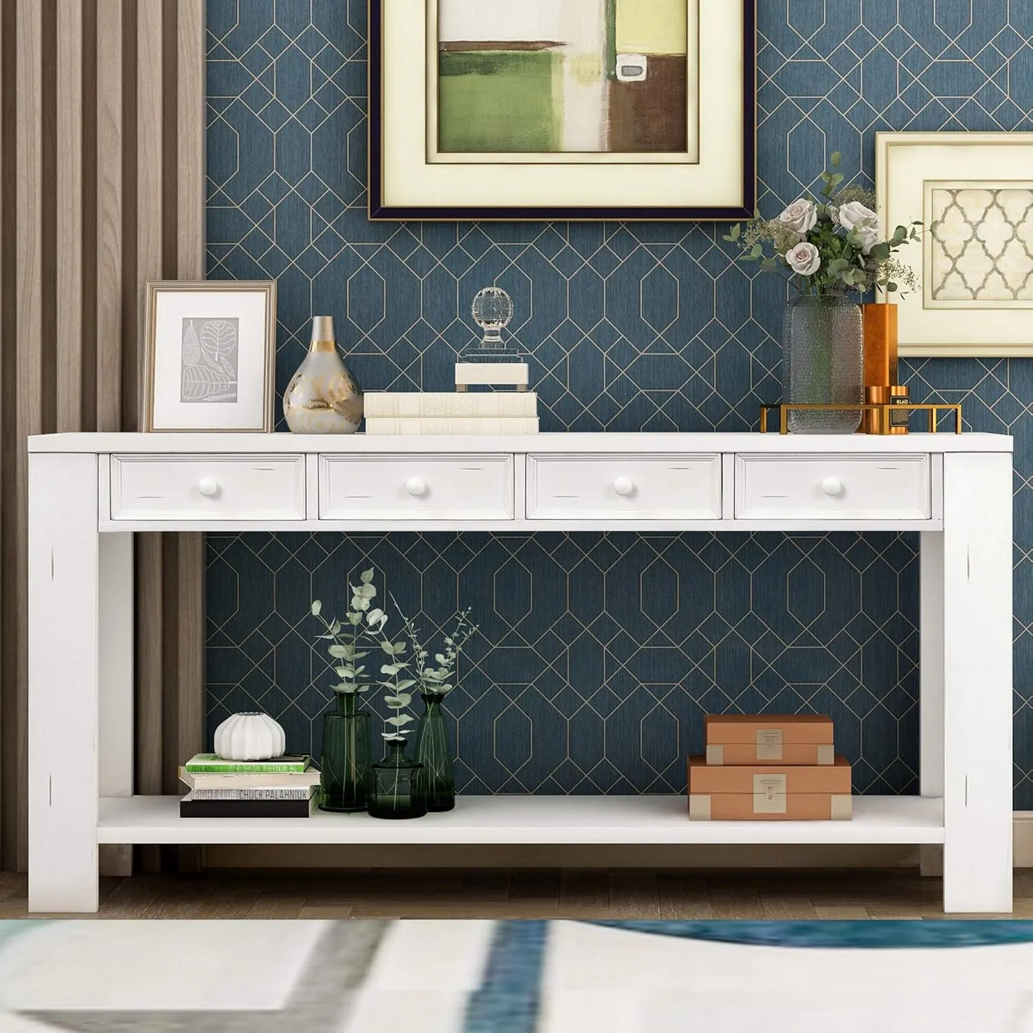 Merax Antique White Wood Narrow Console Table for Entryway Hallway Front Door Sidetable with Drawers and Bottom Shelf, 1 Set