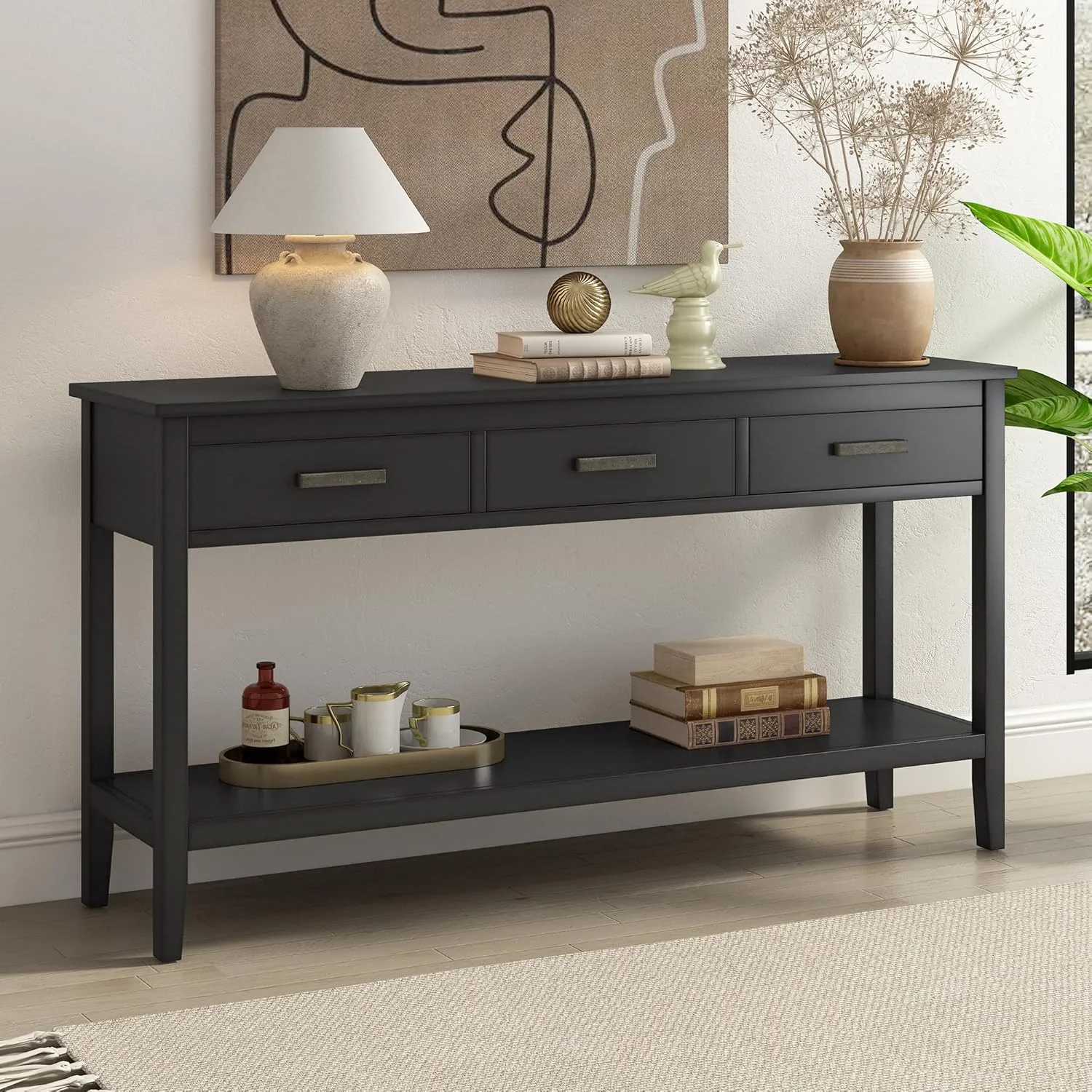 Merax Entryway Console Table with Storage, 3 Drawers Design/Wood Frame/Behind Couch & Sofa, Black