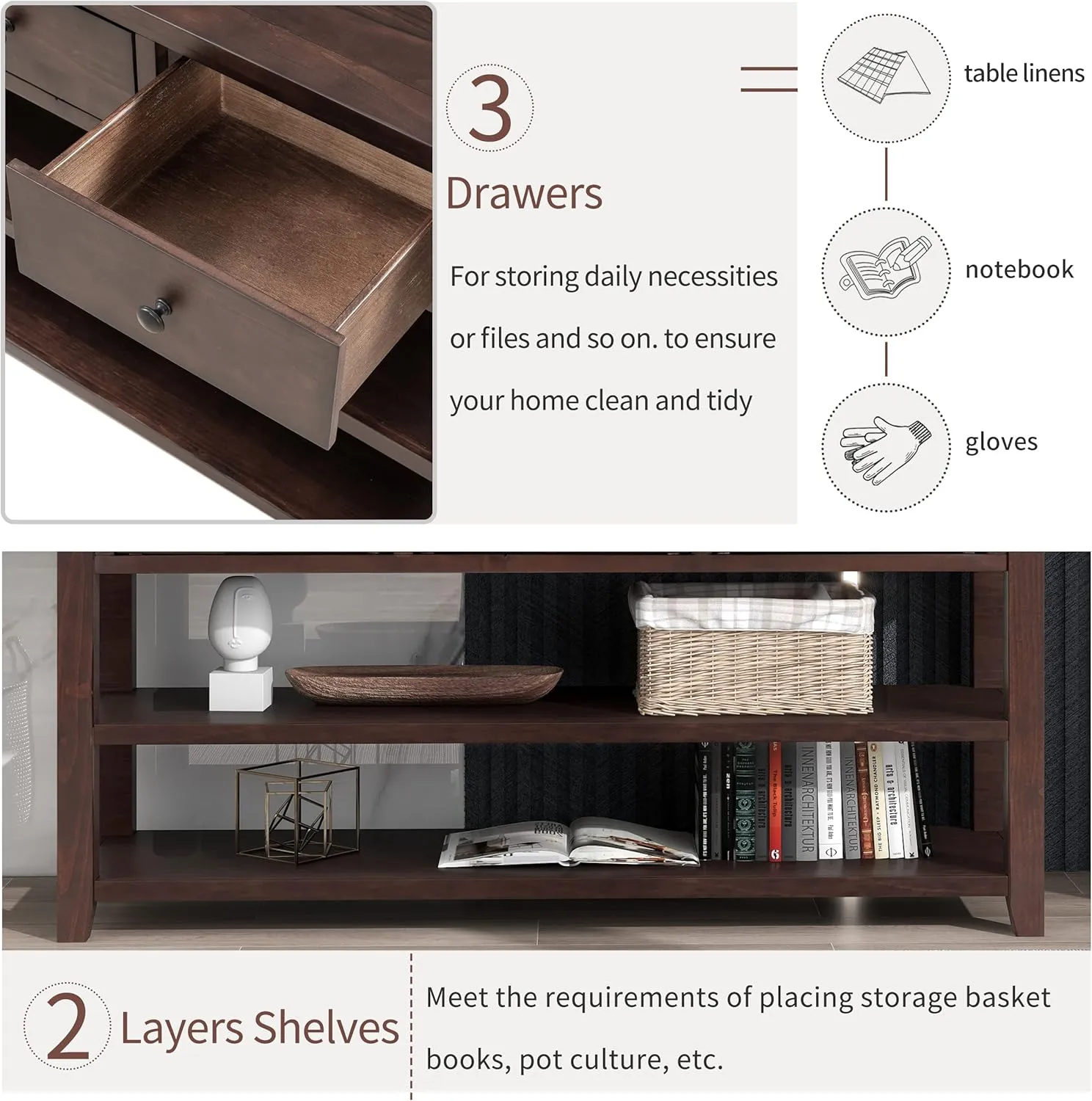 Merax Espresso Wood Farmhouse Entry Way Hallway Console Table with Drawers and Bottom Shelves Sideboard for Kictchen Dining Room, Type 11