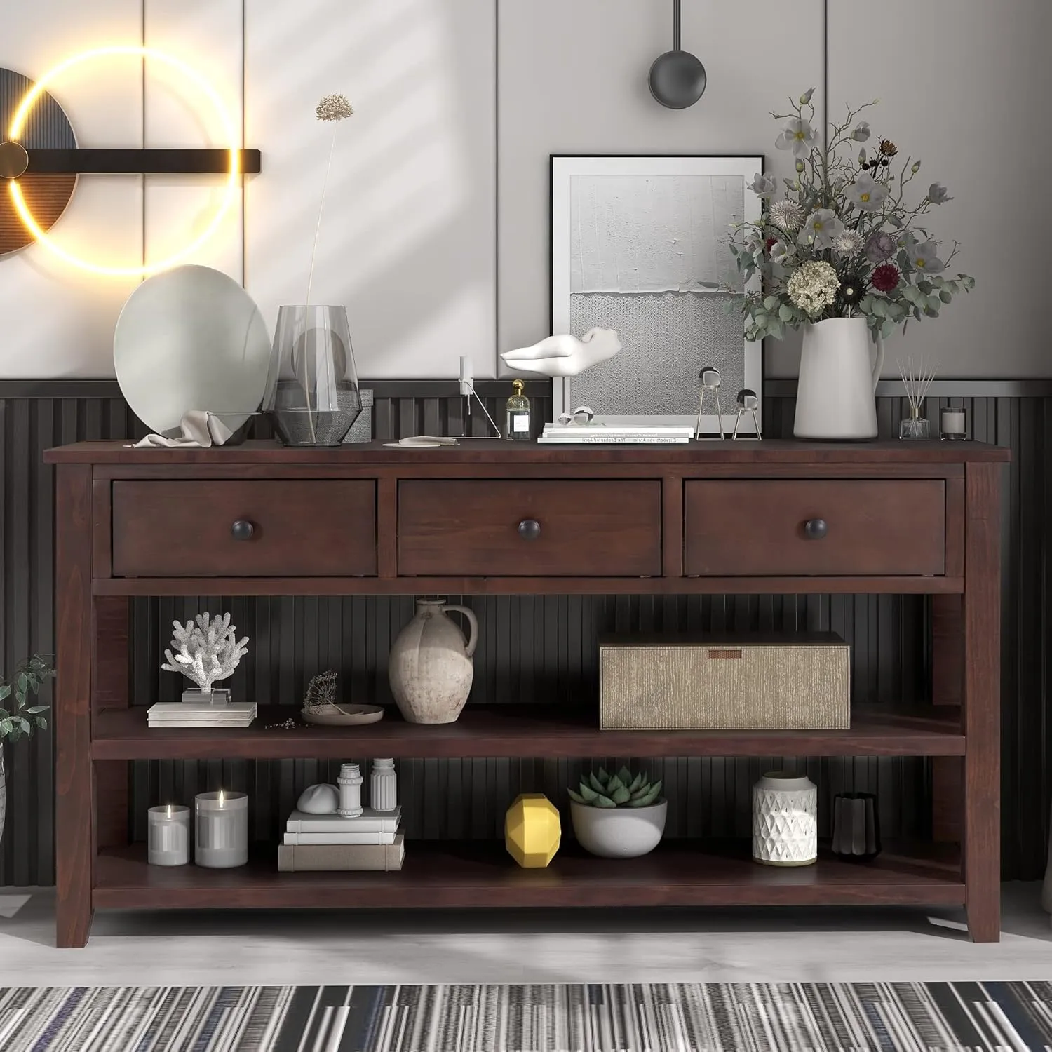 Merax Espresso Wood Farmhouse Entry Way Hallway Console Table with Drawers and Bottom Shelves Sideboard for Kictchen Dining Room, Type 11