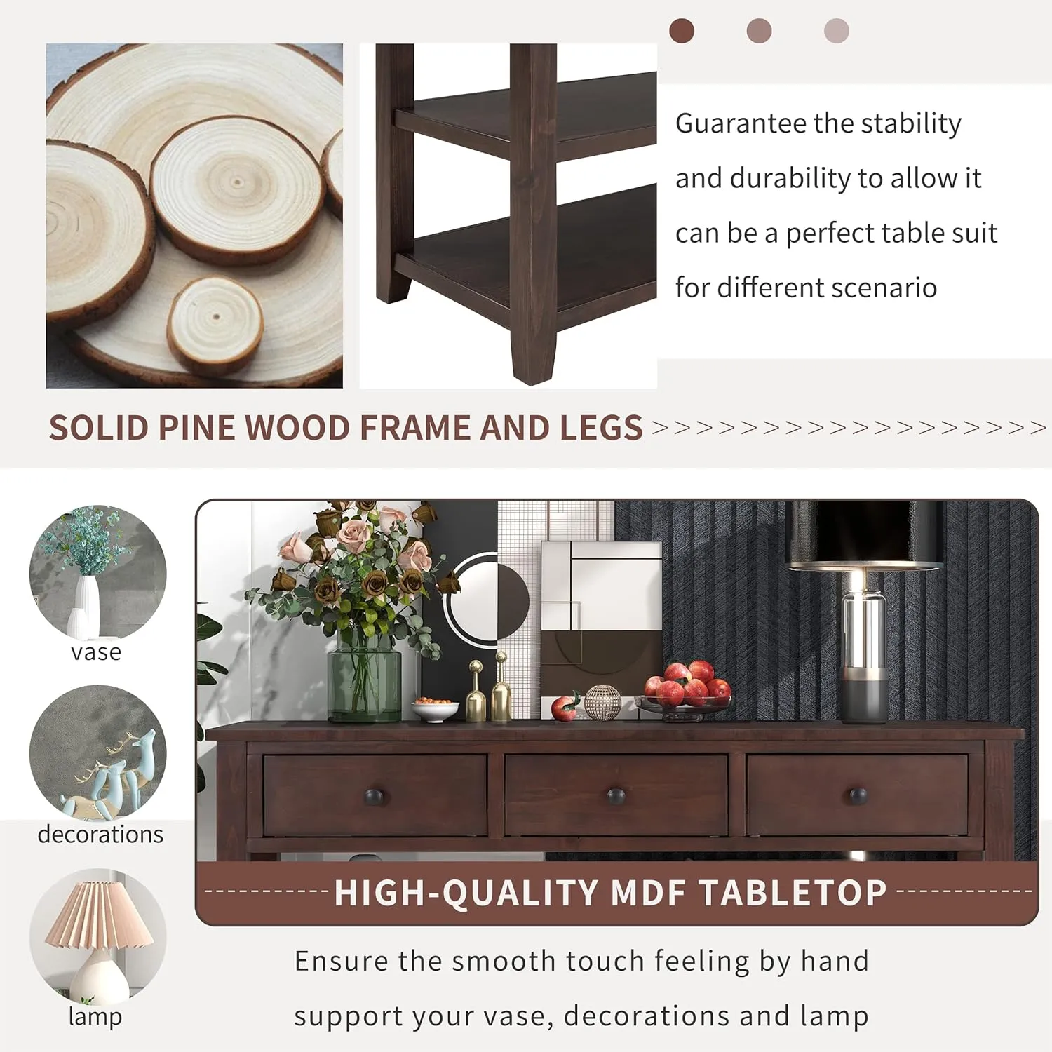 Merax Espresso Wood Farmhouse Entry Way Hallway Console Table with Drawers and Bottom Shelves Sideboard for Kictchen Dining Room, Type 11