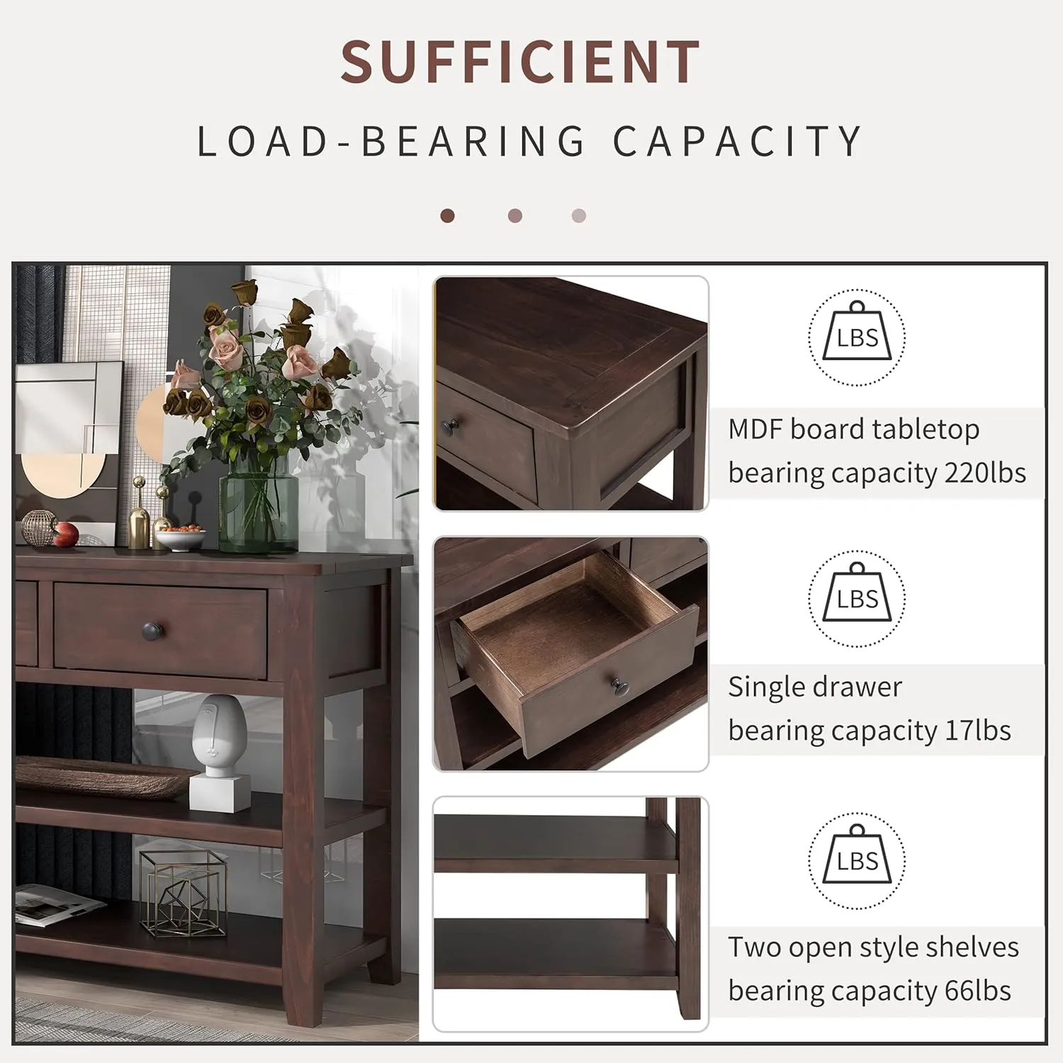 Merax Espresso Wood Farmhouse Entry Way Hallway Console Table with Drawers and Bottom Shelves Sideboard for Kictchen Dining Room, Type 11
