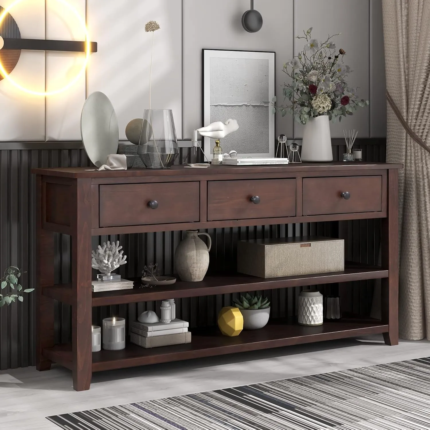 Merax Espresso Wood Farmhouse Entry Way Hallway Console Table with Drawers and Bottom Shelves Sideboard for Kictchen Dining Room, Type 11