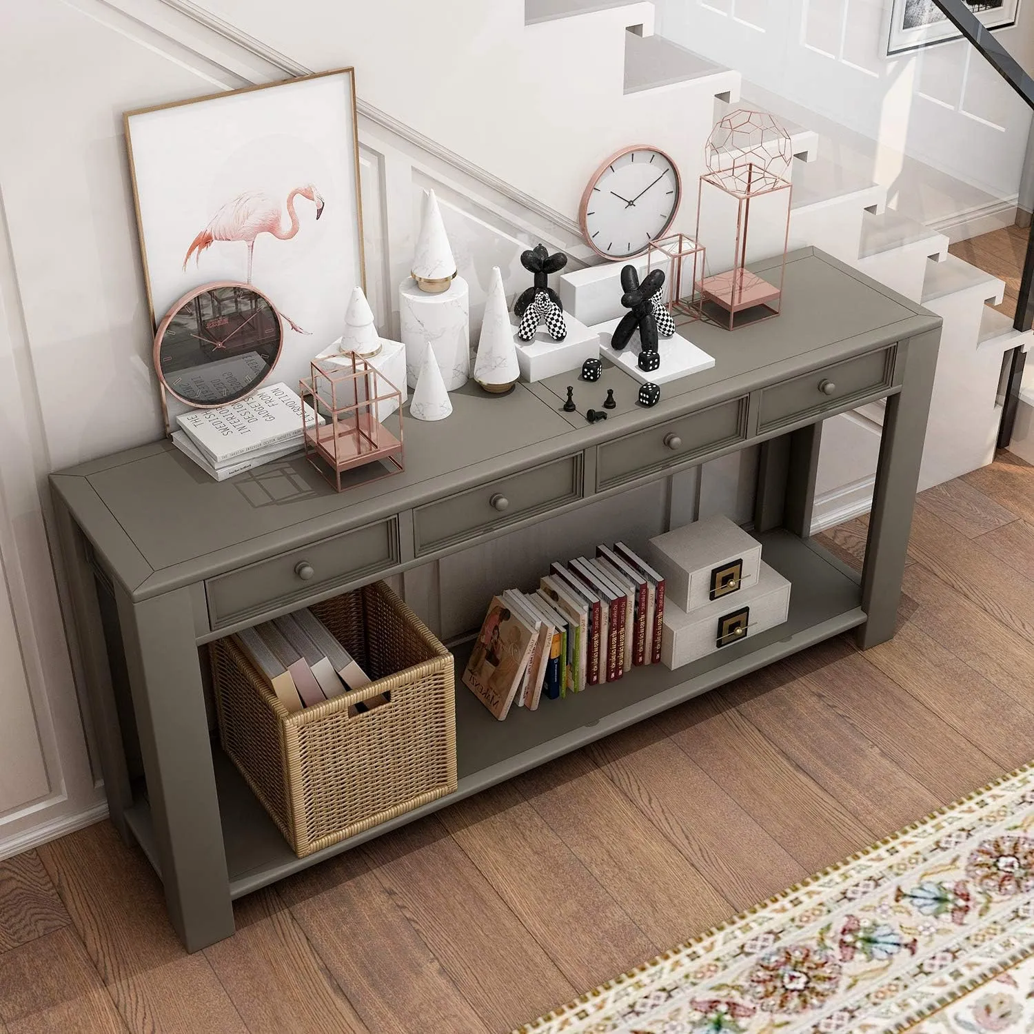 Merax Khaki Classic Console Table with Storage Drawers for Entryway Hallway, Living Room, 1 Set
