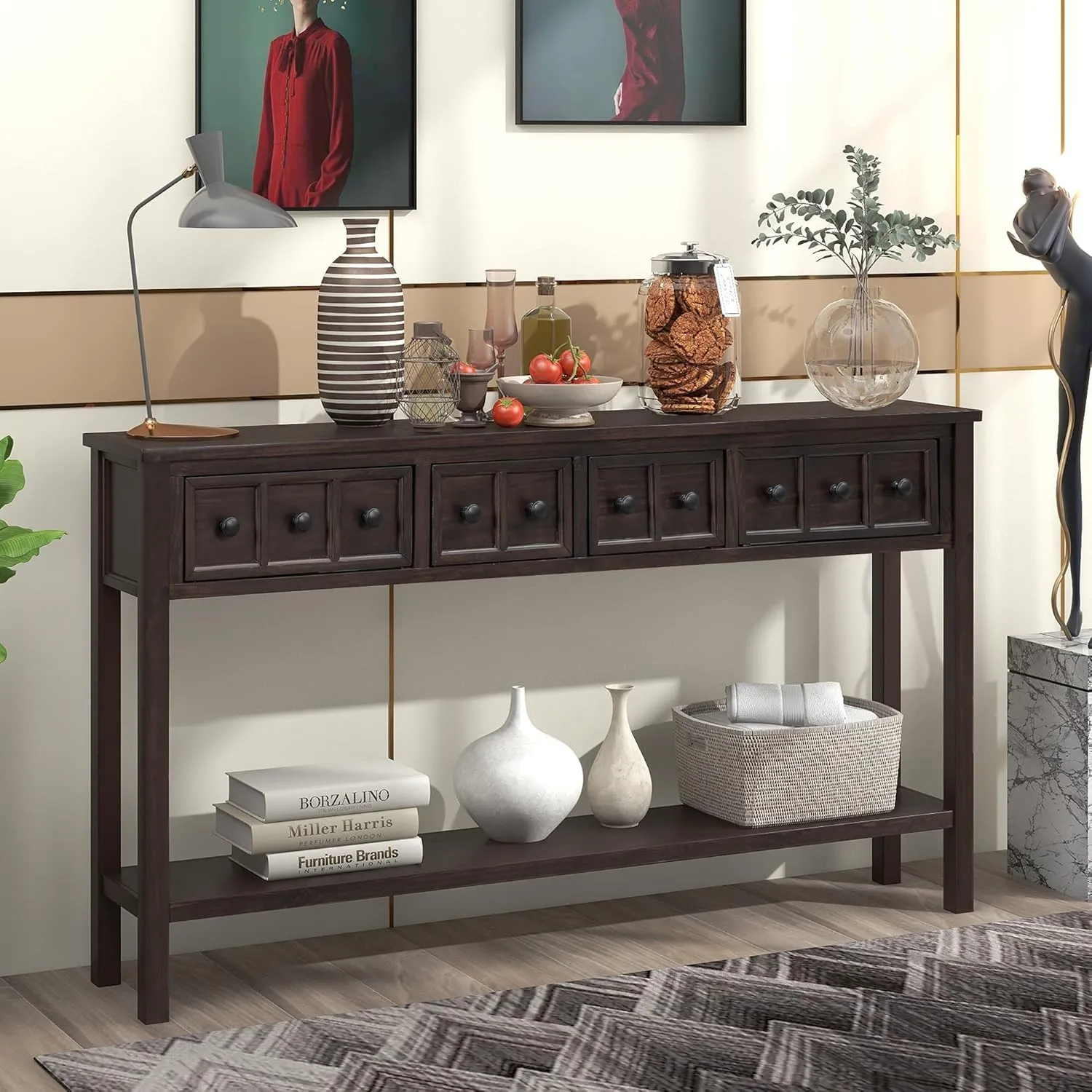 Merax Long Entryway Table with Storage Drawers, Narrow Rustic Sofa Table Behind Couch, 60 Inch Long Console Table with Shelf for Living Room, Espresso