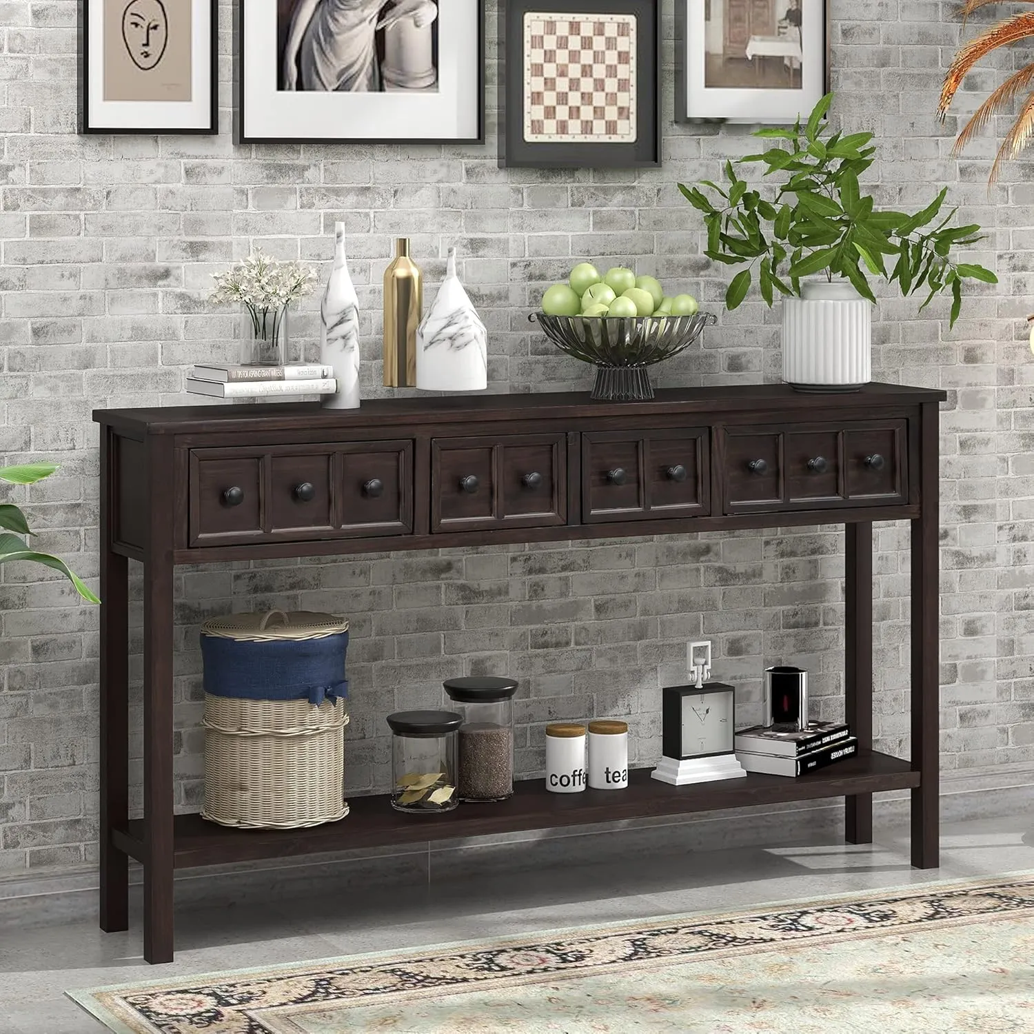 Merax Long Entryway Table with Storage Drawers, Narrow Rustic Sofa Table Behind Couch, 60 Inch Long Console Table with Shelf for Living Room, Espresso