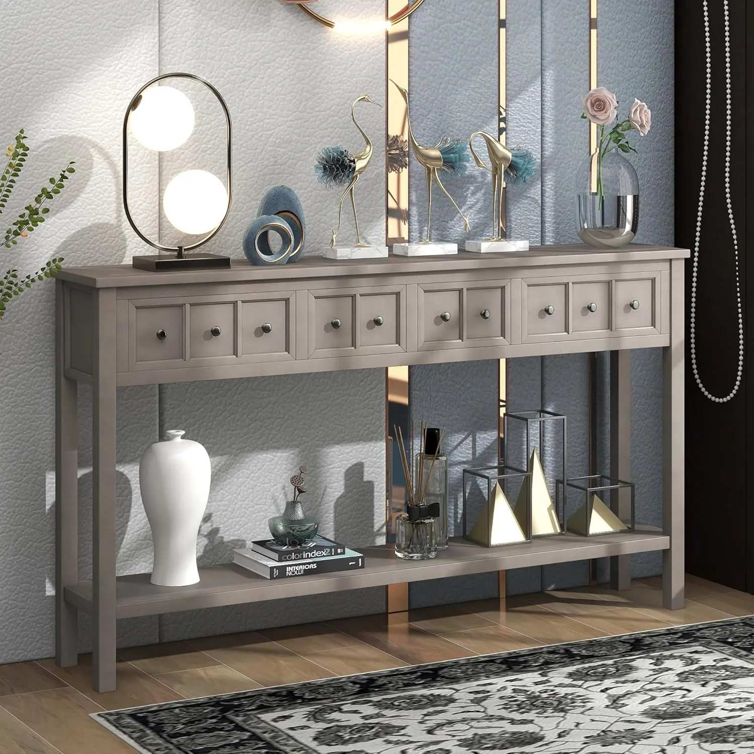 Merax Long Narrow Entryway Table for Living Room, 2 Tier Console Table with Storage, Farmhouse Sofa Table with Drawers and Bottom Shelf for Hallway, Gray Wash