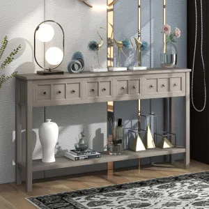Merax Long Narrow Entryway Table for Living Room, 2 Tier Console Table with Storage, Farmhouse Sofa Table with Drawers and Bottom Shelf for Hallway, Gray Wash