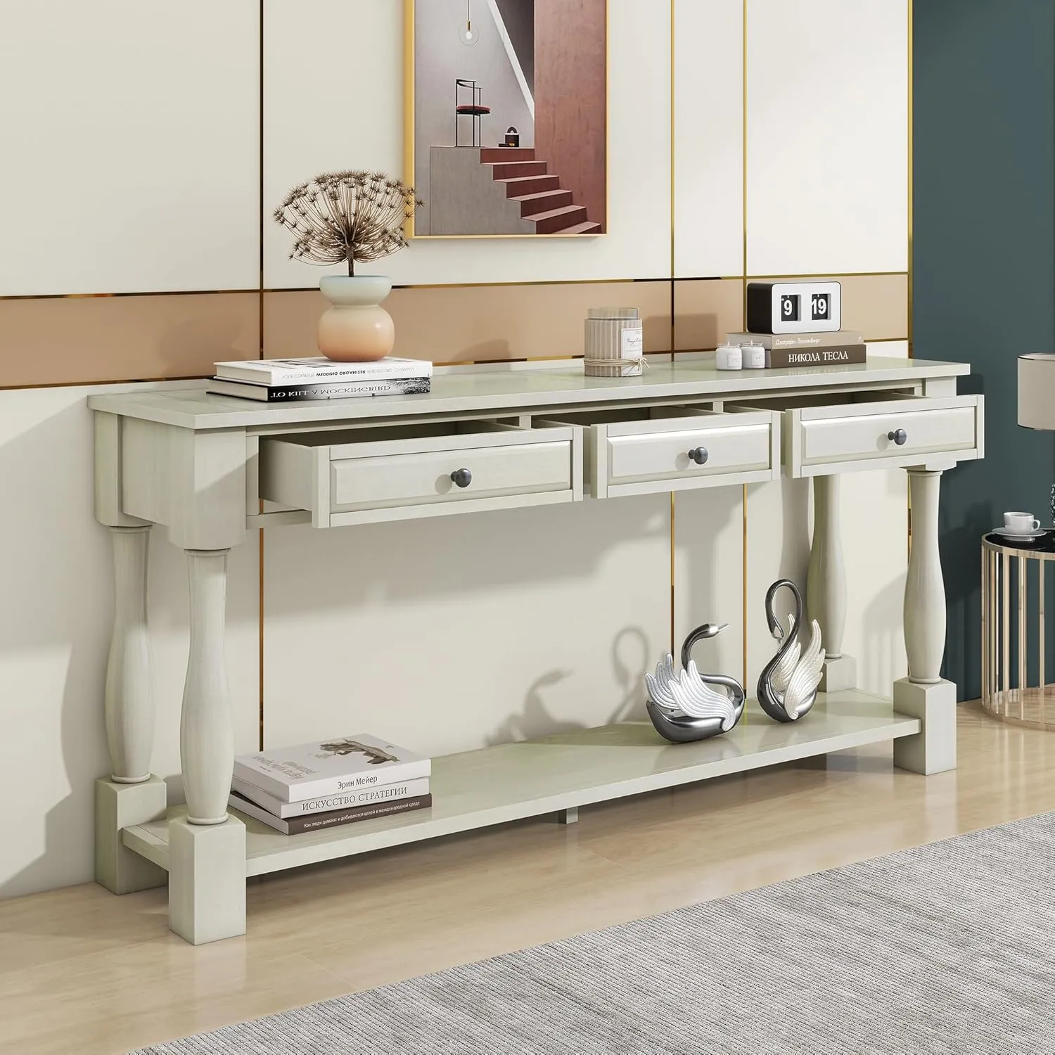 Merax LUMISOL 64 inch Long Console Sofa Table with 3 Drawers and Bottom Shelf, Hallway Table Entryway Table for Living Room, Easy Assembly (Antique White).