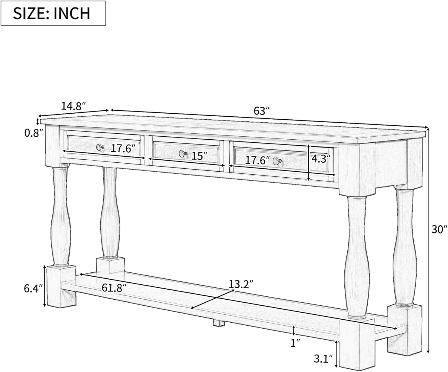 merax LUMISOL 64 inch Long Console Table with 3 Drawers and Bottom Shelf, Sofa Table Entryway Table for Hallway, Living Room, Easy Assembly (Distressed Black)