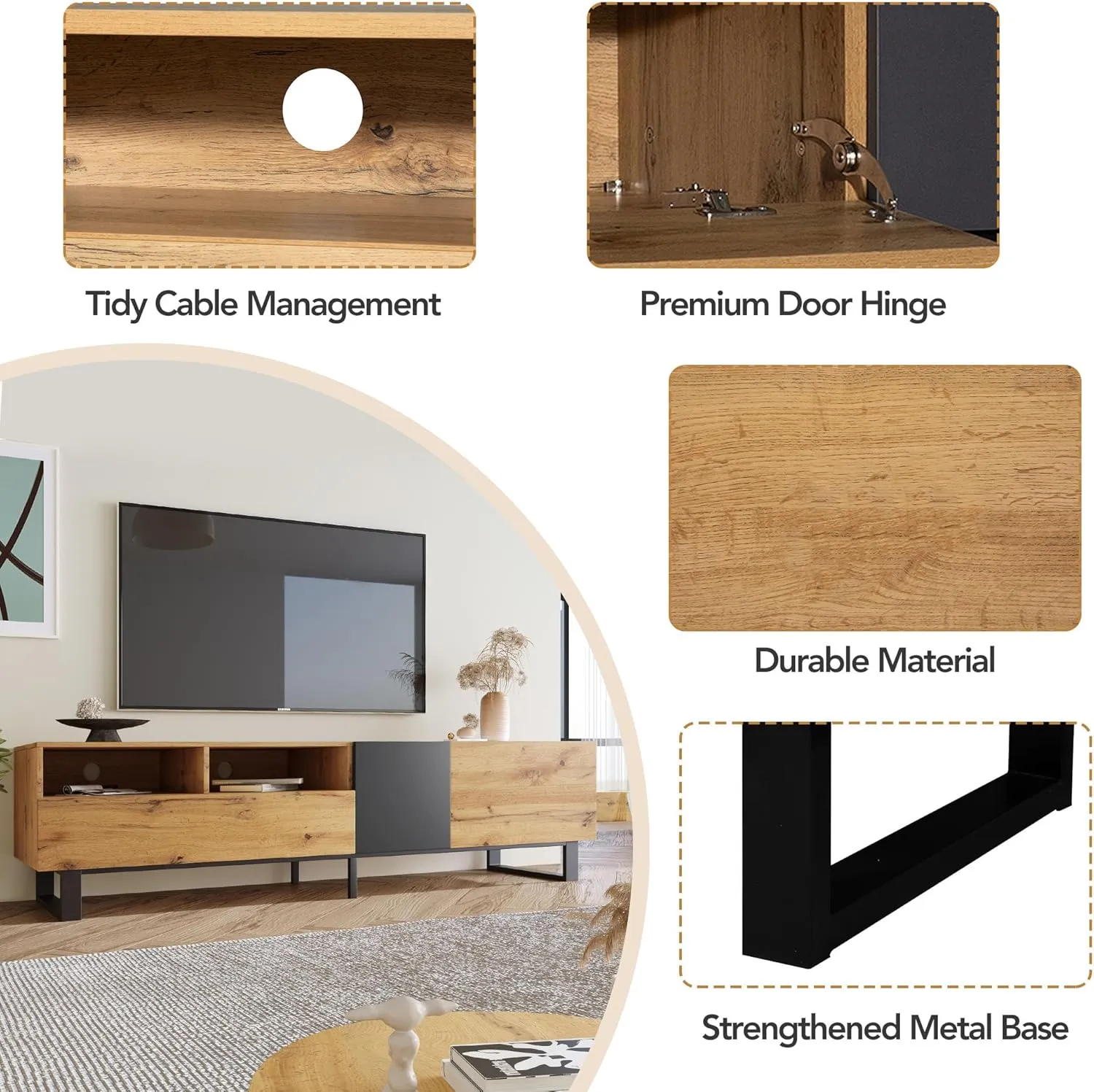Merax Modern TV Entertainment Center with 3 Cabinets & Open Shelves, Wood TV Stand for TVs Up to 80” for Living Room Bedroo (Wood Color)