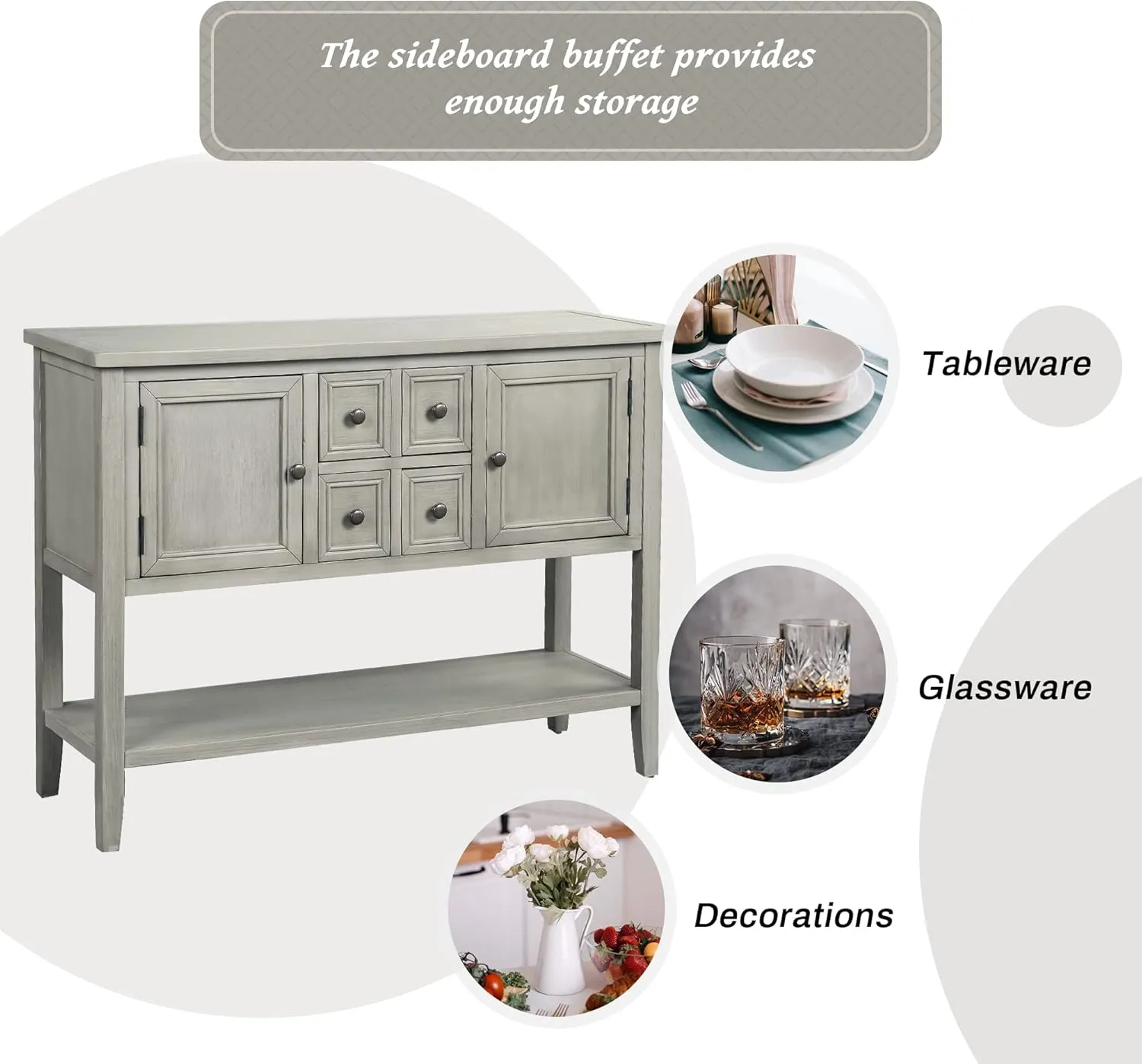 Merax Modern Wood Buffet Table with Storage Shelf, 2 Drawers and 2 Cabinets Buffet Coffee Bar Cabinet for Living Room Dinning Room Kitchen (Antique Gray)