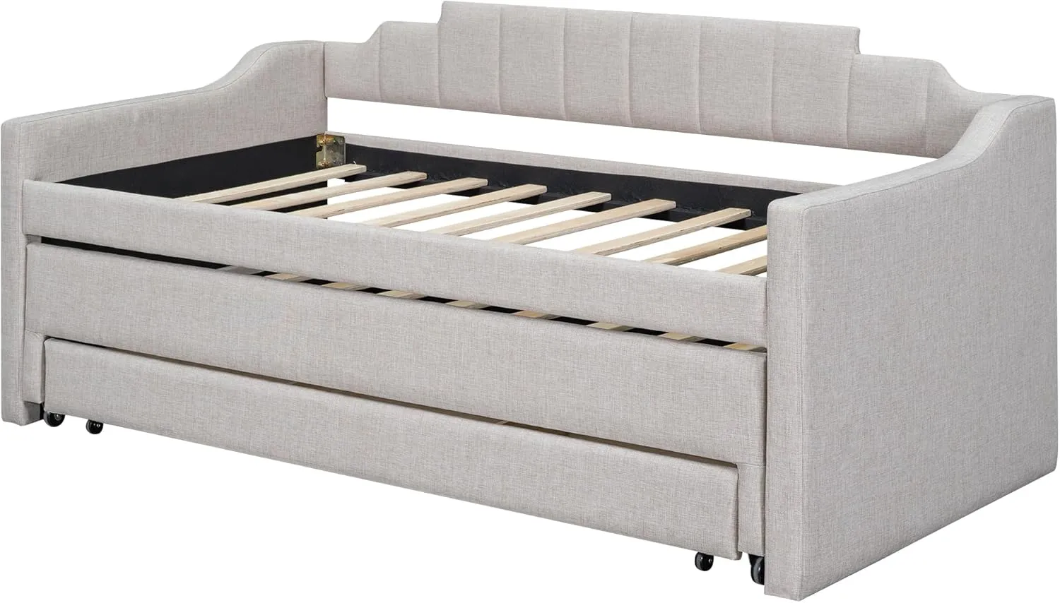 Merax Twin Size Upholstered Daybed with Trundle and Three Storage Drawers, Comfy Sofa-Bed & Padded Backrest for Living Room, Guest Room, Apartments, Both Side Armrests, Solid Wood Slats Support, Beige