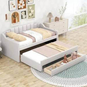 Merax Twin Size Upholstered Daybed with Trundle and Three Storage Drawers, Comfy Sofa-Bed & Padded Backrest for Living Room, Guest Room, Apartments, Both Side Armrests, Solid Wood Slats Support, Beige