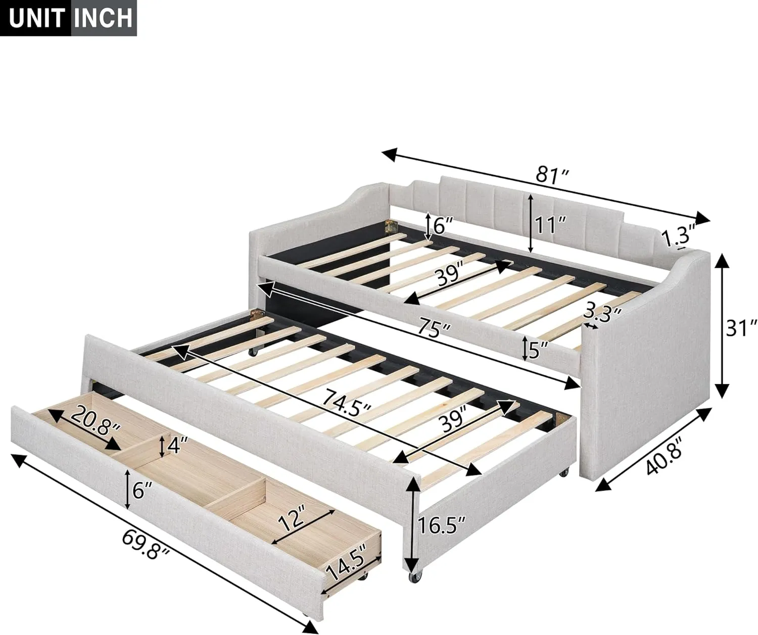 Merax Twin Size Upholstered Daybed with Trundle and Three Storage Drawers, Comfy Sofa-Bed & Padded Backrest for Living Room, Guest Room, Apartments, Both Side Armrests, Solid Wood Slats Support, Beige
