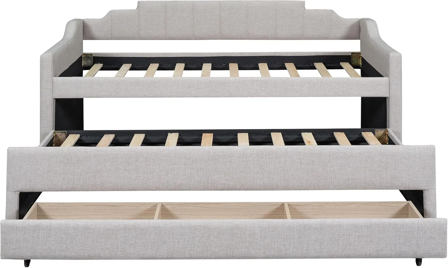 Merax Twin Size Upholstered Daybed with Trundle and Three Storage Drawers, Comfy Sofa-Bed & Padded Backrest for Living Room, Guest Room, Apartments, Both Side Armrests, Solid Wood Slats Support, Beige