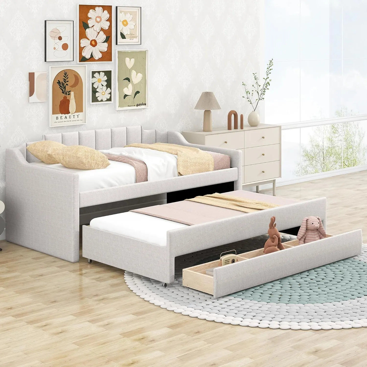 Merax Twin Size Upholstered Daybed with Trundle and Three Storage Drawers, Comfy Sofa-Bed & Padded Backrest for Living Room, Guest Room, Apartments, Both Side Armrests, Solid Wood Slats Support, Beige