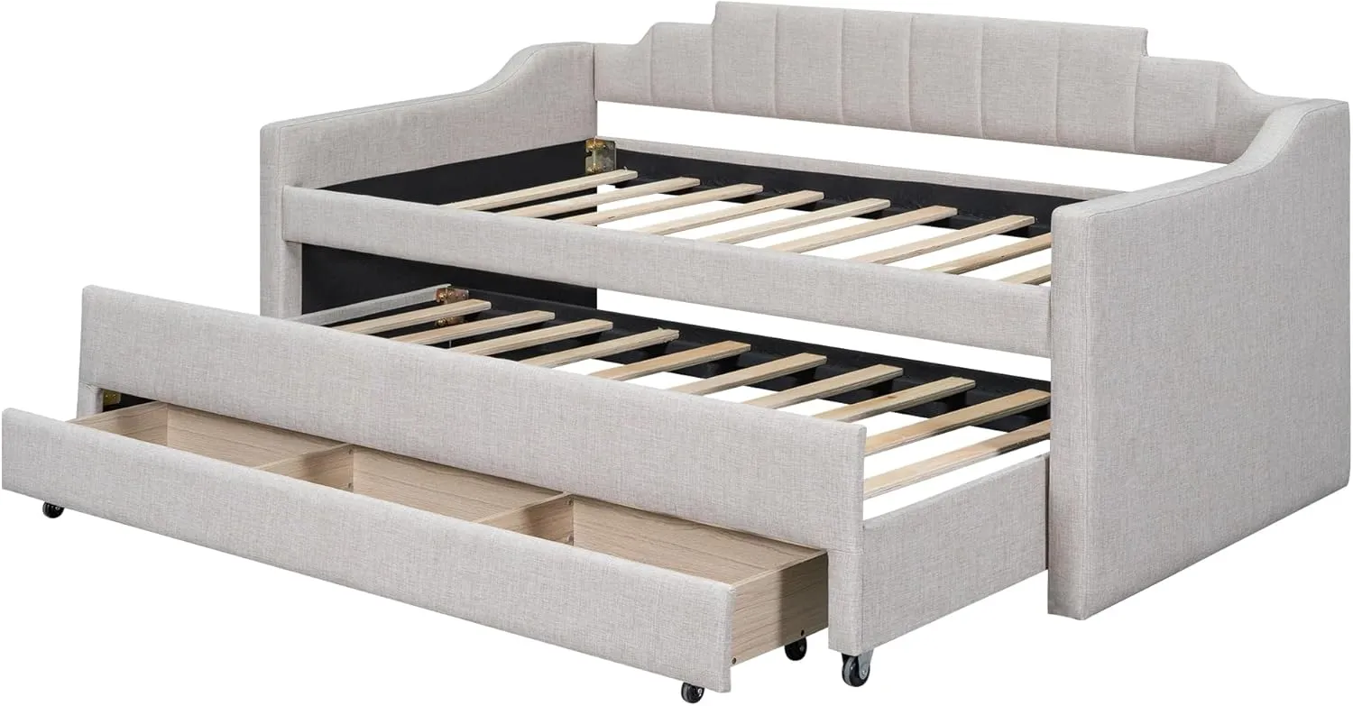 Merax Twin Size Upholstered Daybed with Trundle and Three Storage Drawers, Comfy Sofa-Bed & Padded Backrest for Living Room, Guest Room, Apartments, Both Side Armrests, Solid Wood Slats Support, Beige