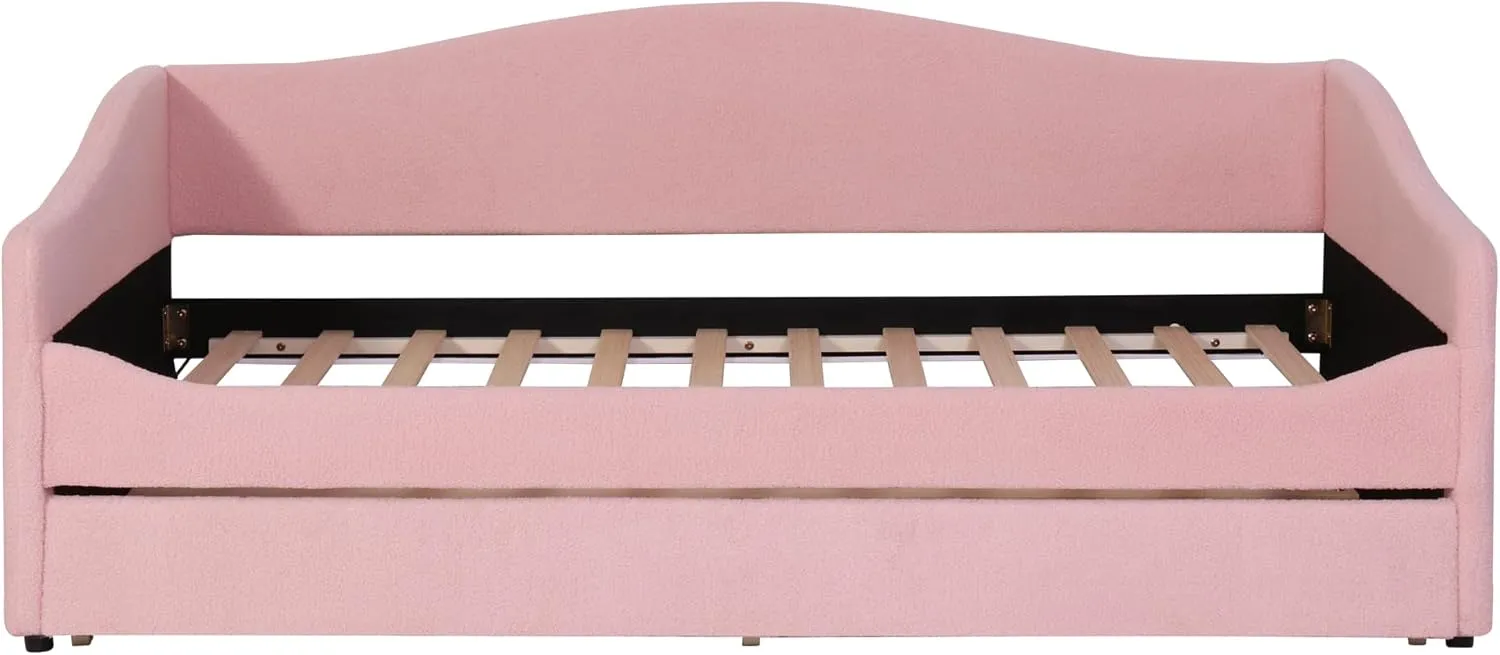 Merax Twin Upholstered Daybed with Light and Trundle, Pink Teddy Fleece Sofa Bed