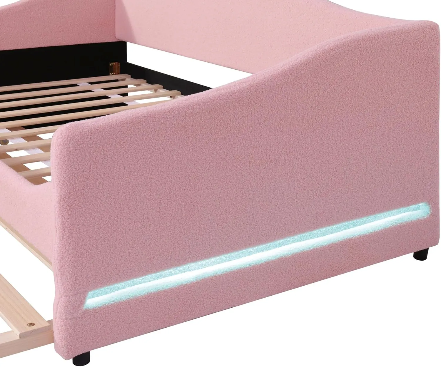 Merax Twin Upholstered Daybed with Light and Trundle, Pink Teddy Fleece Sofa Bed