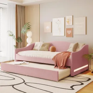 Merax Twin Upholstered Daybed with Light and Trundle, Pink Teddy Fleece Sofa Bed