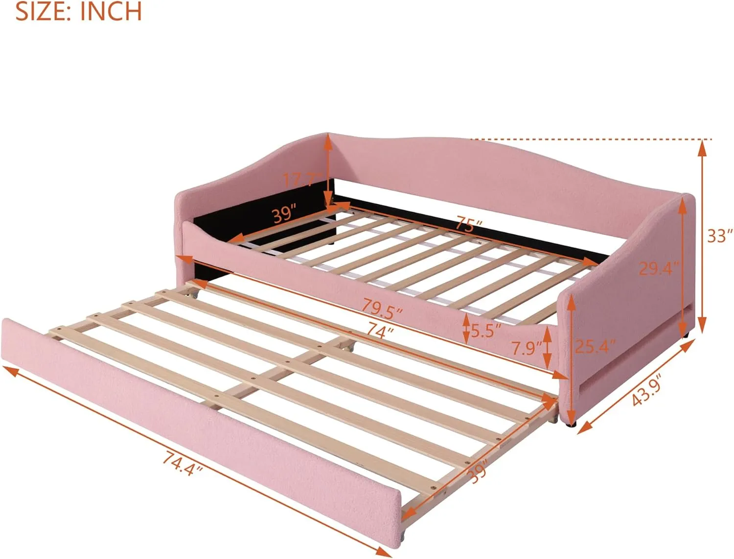 Merax Twin Upholstered Daybed with Light and Trundle, Pink Teddy Fleece Sofa Bed