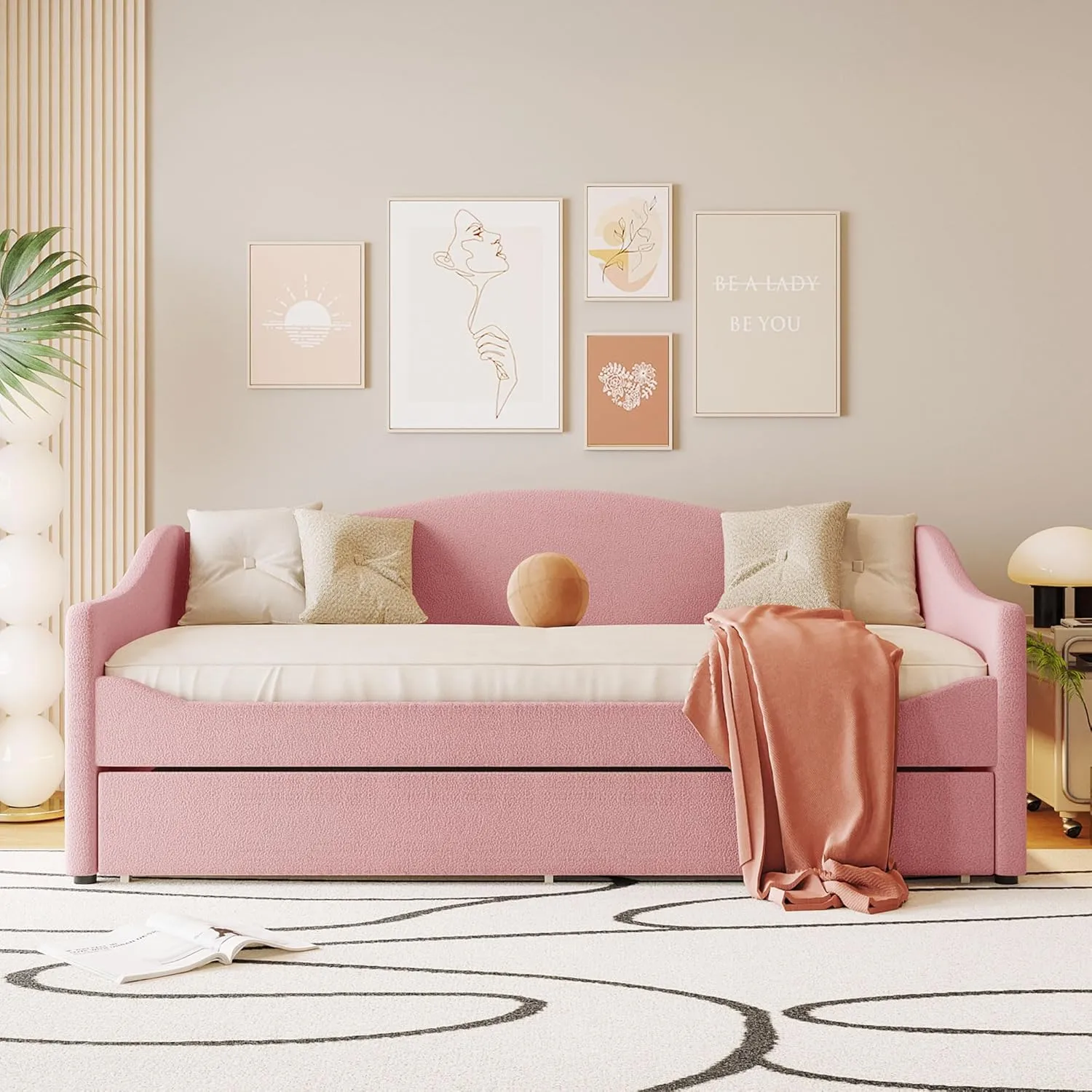 Merax Twin Upholstered Daybed with Light and Trundle, Pink Teddy Fleece Sofa Bed