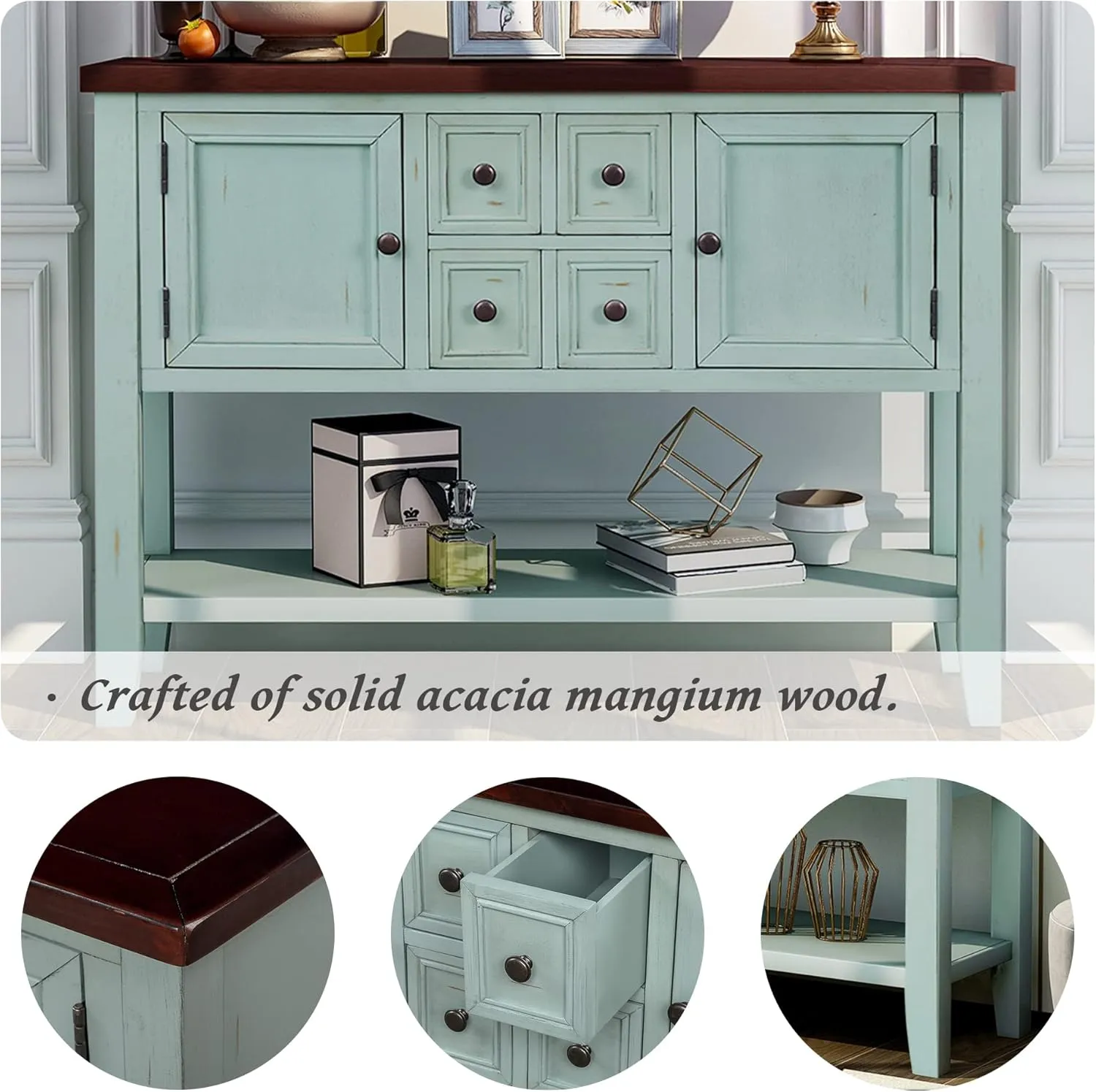 Merax Wood Farmhouse Buffet Sideboard Table with Drawers and Bottom Shelf Console Table for Living Room Dinning Room Kitchen (Retro Blue)