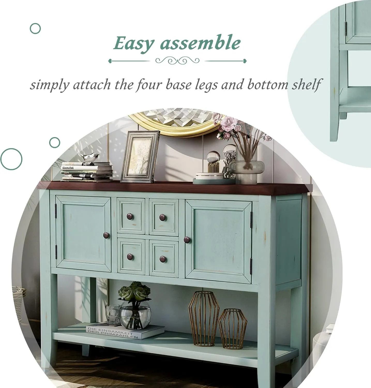 Merax Wood Farmhouse Buffet Sideboard Table with Drawers and Bottom Shelf Console Table for Living Room Dinning Room Kitchen (Retro Blue)