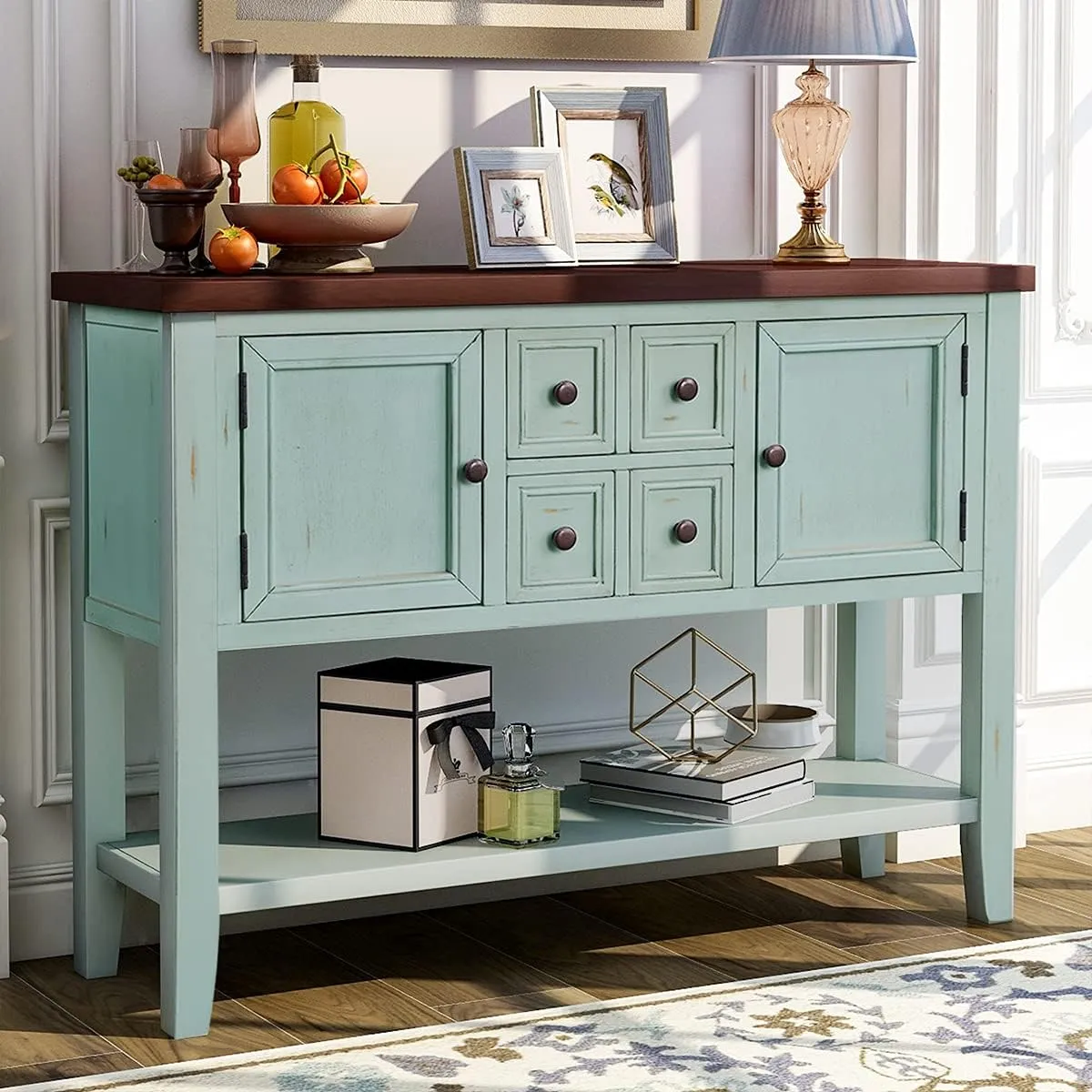 Merax Wood Farmhouse Buffet Sideboard Table with Drawers and Bottom Shelf Console Table for Living Room Dinning Room Kitchen (Retro Blue)
