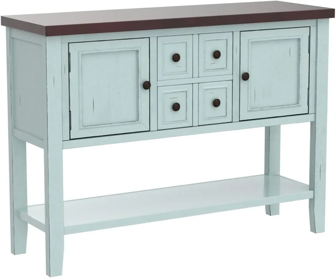 Merax Wood Farmhouse Buffet Sideboard Table with Drawers and Bottom Shelf Console Table for Living Room Dinning Room Kitchen (Retro Blue)