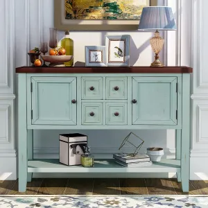 Merax Wood Farmhouse Buffet Sideboard Table with Drawers and Bottom Shelf Console Table for Living Room Dinning Room Kitchen (Retro Blue)