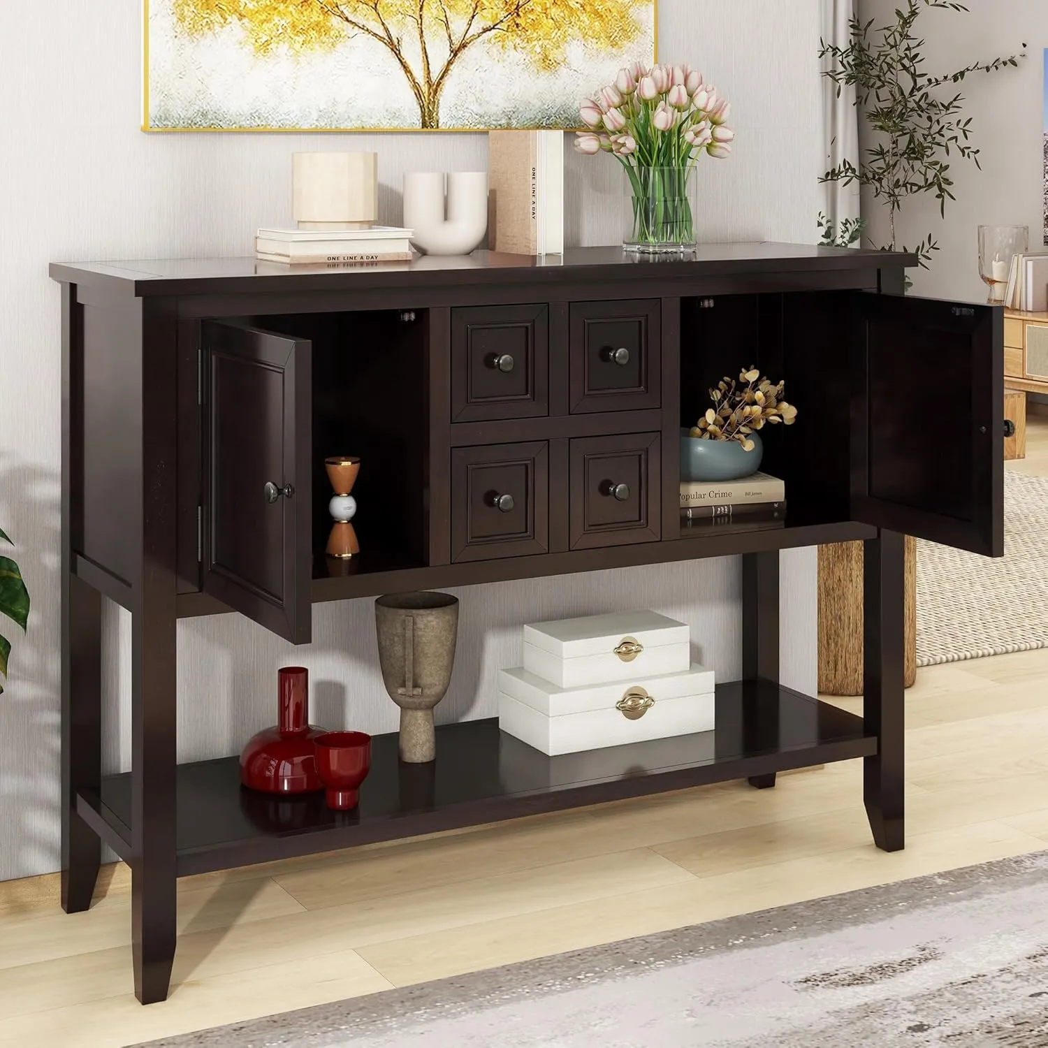 Merax Wood Farmhouse Buffet Table with Storage Shelf, 2 Drawers and Cabinets Buffet Coffee Bar Cabinet for Living Room Dinning Room Kitchen, Espresso
