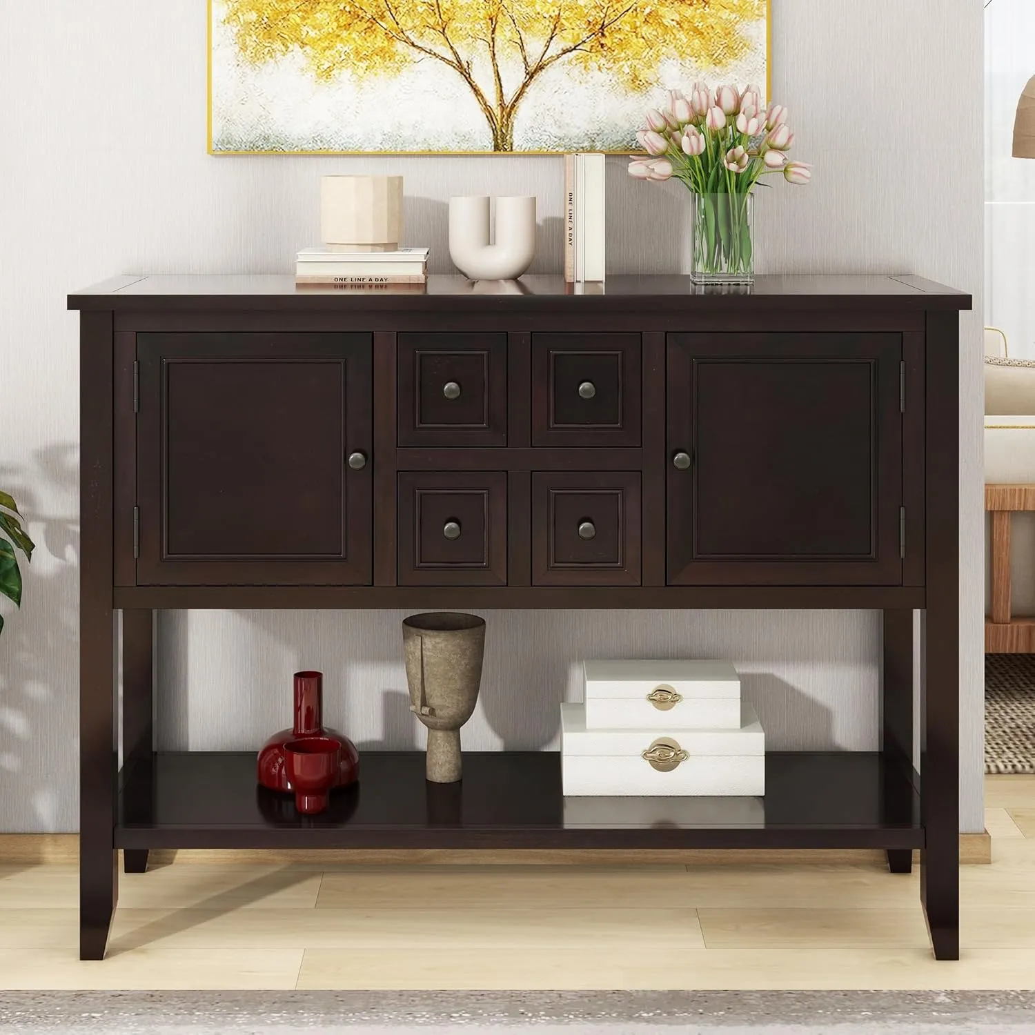 Merax Wood Farmhouse Buffet Table with Storage Shelf, 2 Drawers and Cabinets Buffet Coffee Bar Cabinet for Living Room Dinning Room Kitchen, Espresso