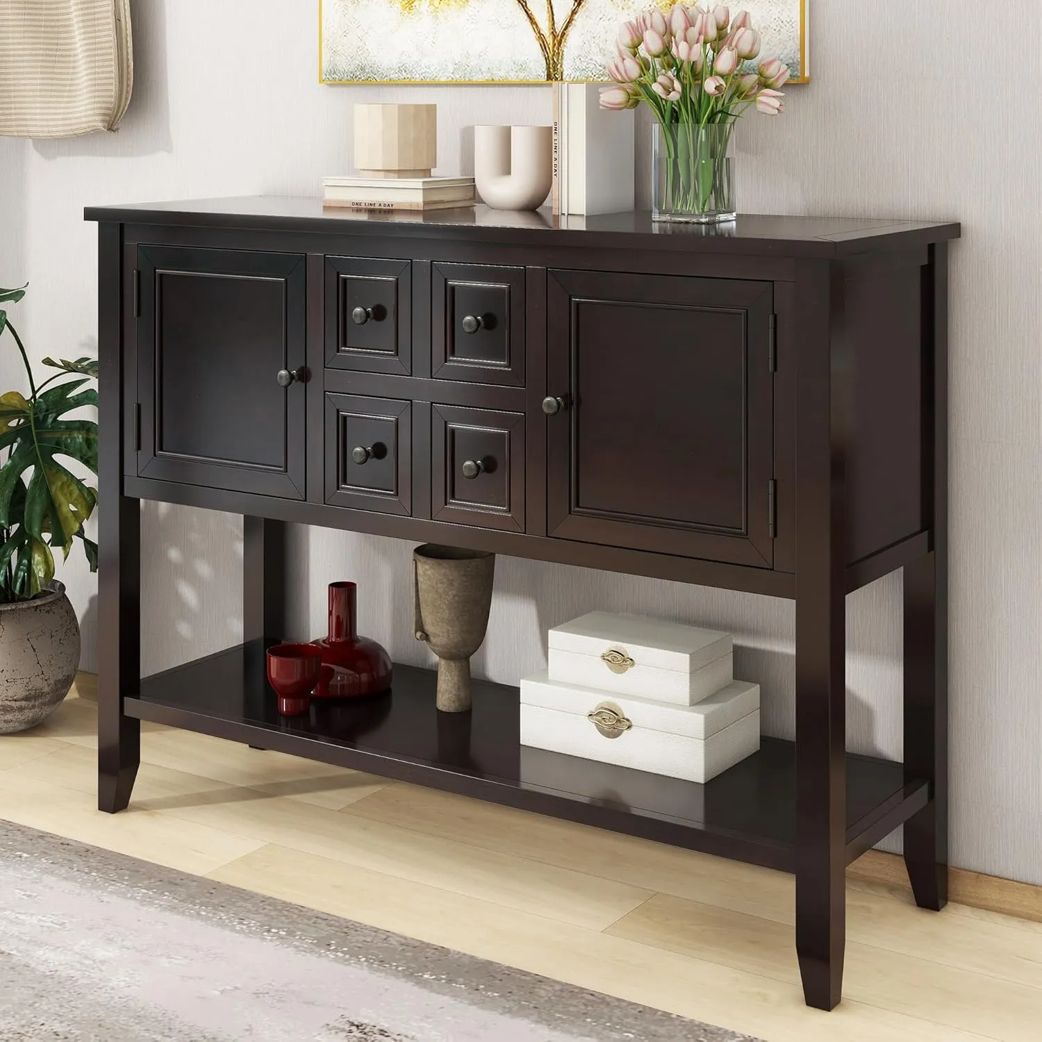 Merax Wood Farmhouse Buffet Table with Storage Shelf, 2 Drawers and Cabinets Buffet Coffee Bar Cabinet for Living Room Dinning Room Kitchen, Espresso