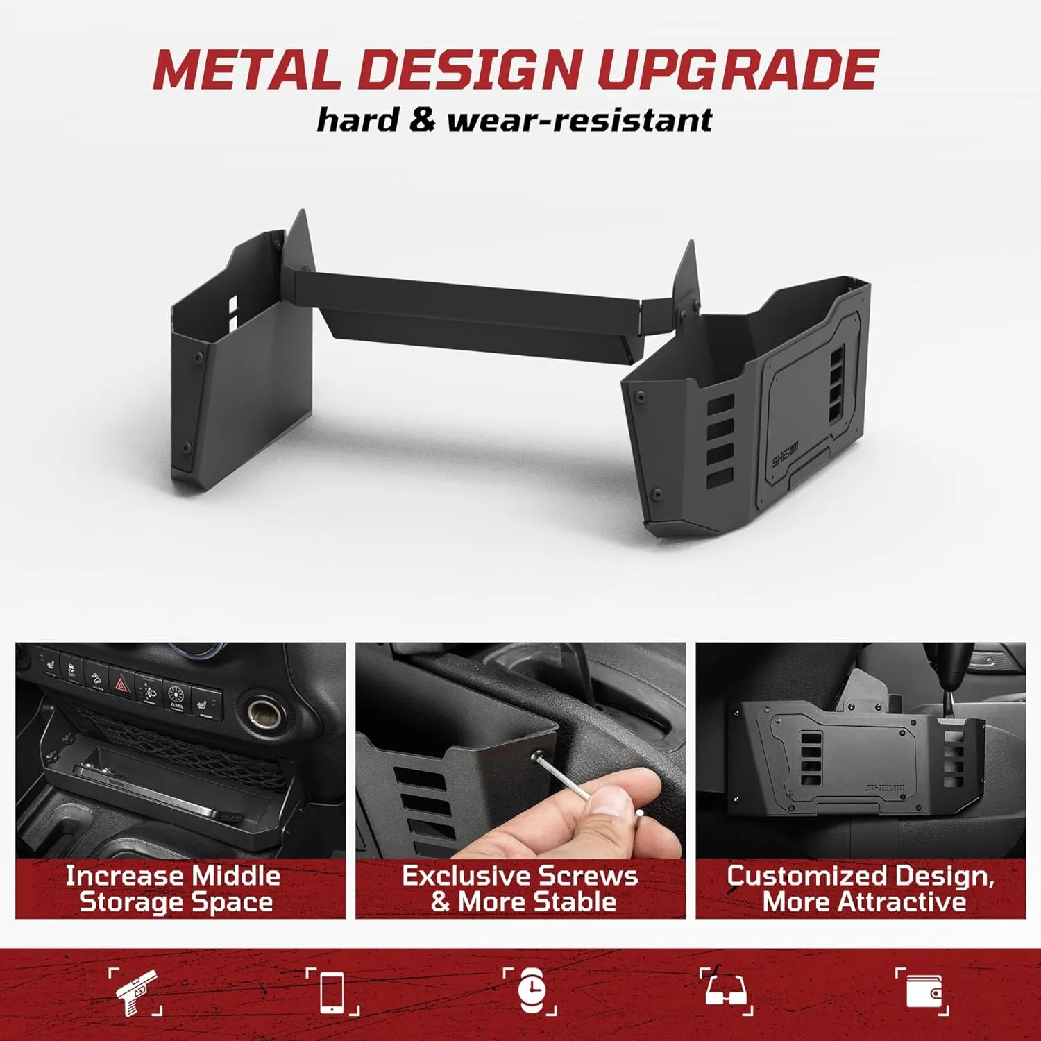Metal Gear Shift Organizer Tray Compatible with 2011-2017 Jeep Wrangler JK/JKU, Sturdy Center Console Shifter Side Tray Storage Box Interior Accessories (Not for JL/JLU)