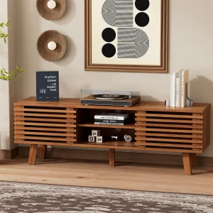 Mid Century Modern TV Stand for 55/60/65 inch TV, Entertainment Center with Sliding Door and Storage Shelves, TV and Media Consol for Living Room, Boho Wood Credenza for Living Room