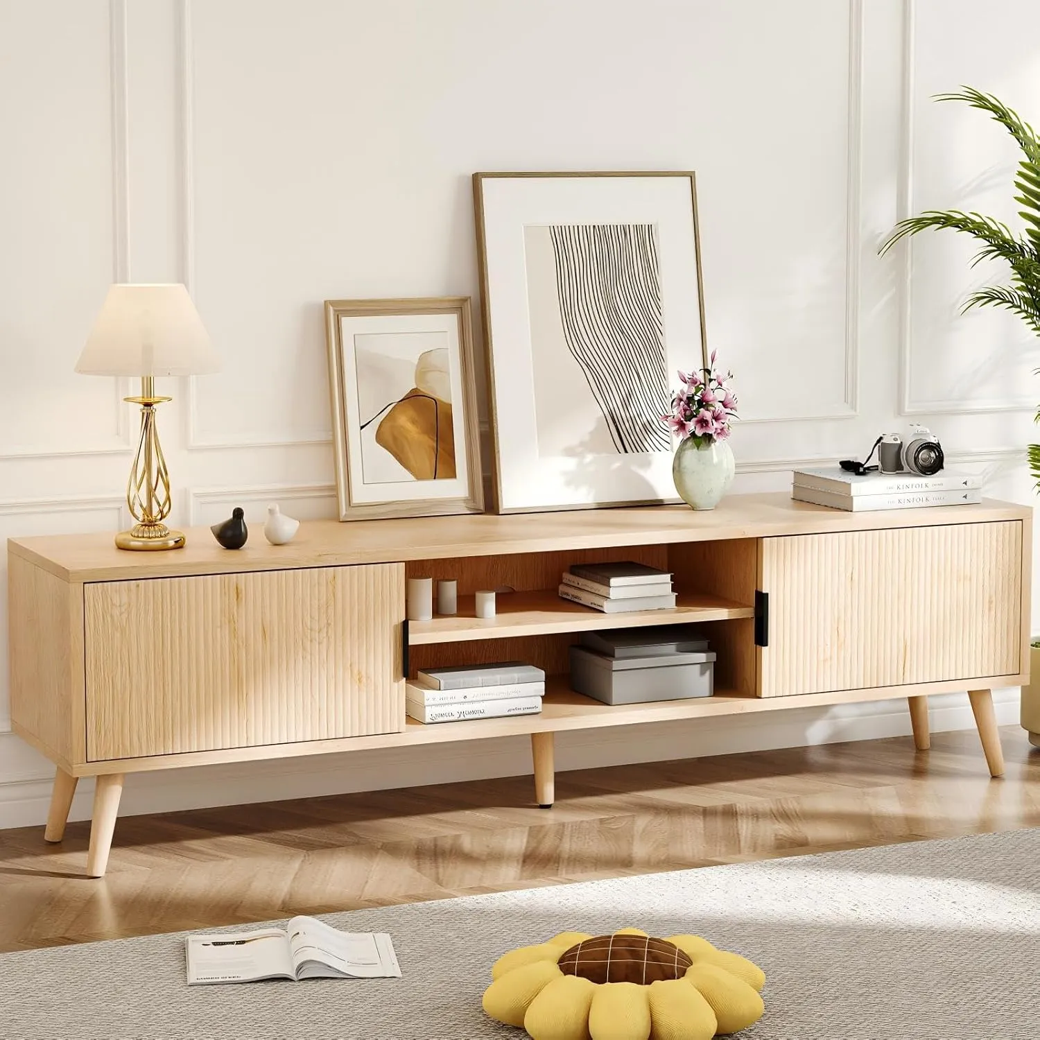 Mid Century TV Stand, Modern TV Console for TVs up to 70 Inches, Entertainment Center with Storage, TV and Media Consol, 62 Inch (Natural)