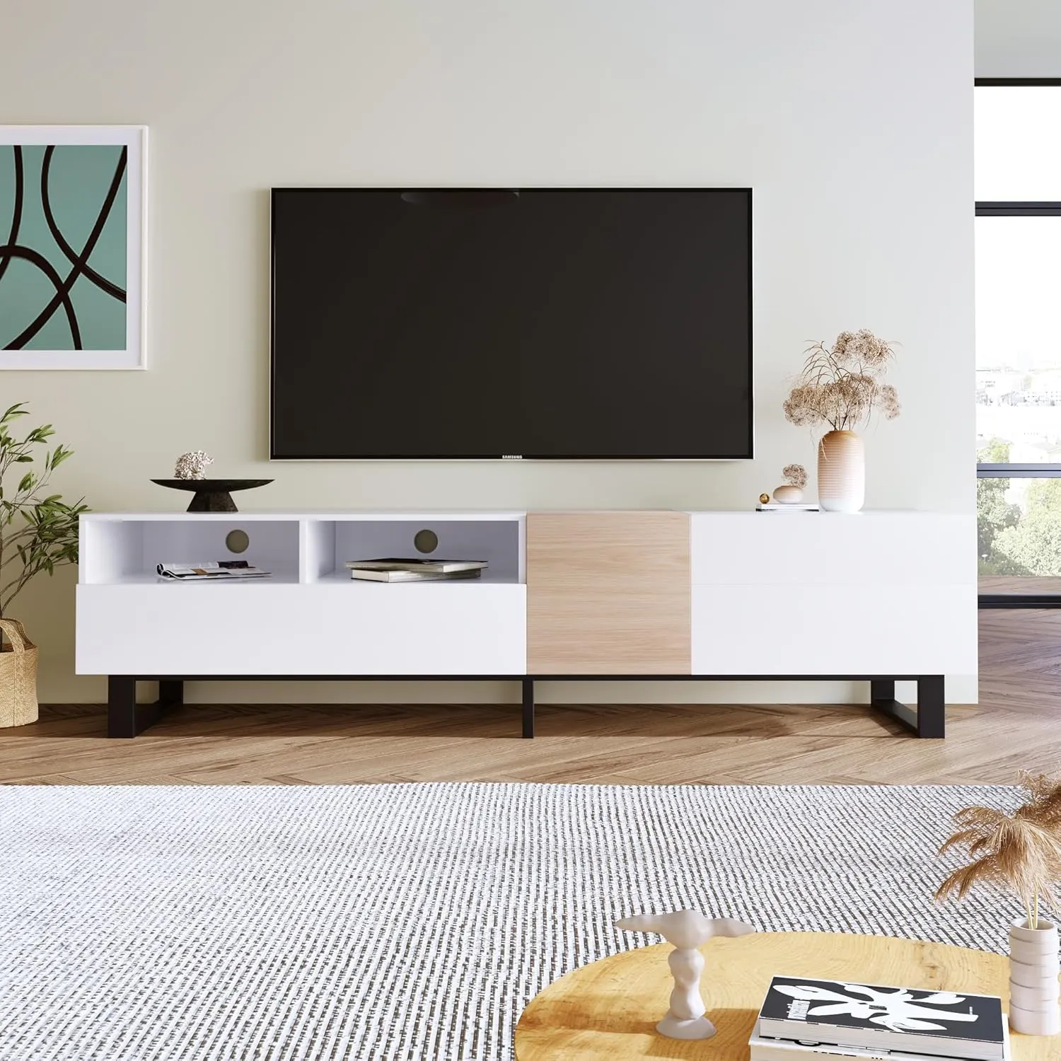 Modern TV Stand with 3 Cabinets & Open Shelves, Minimalist Wooden Entertainment Center for TVs Up to 80”, Sturdy TV Console for Living Room Bedroom Decor (White)