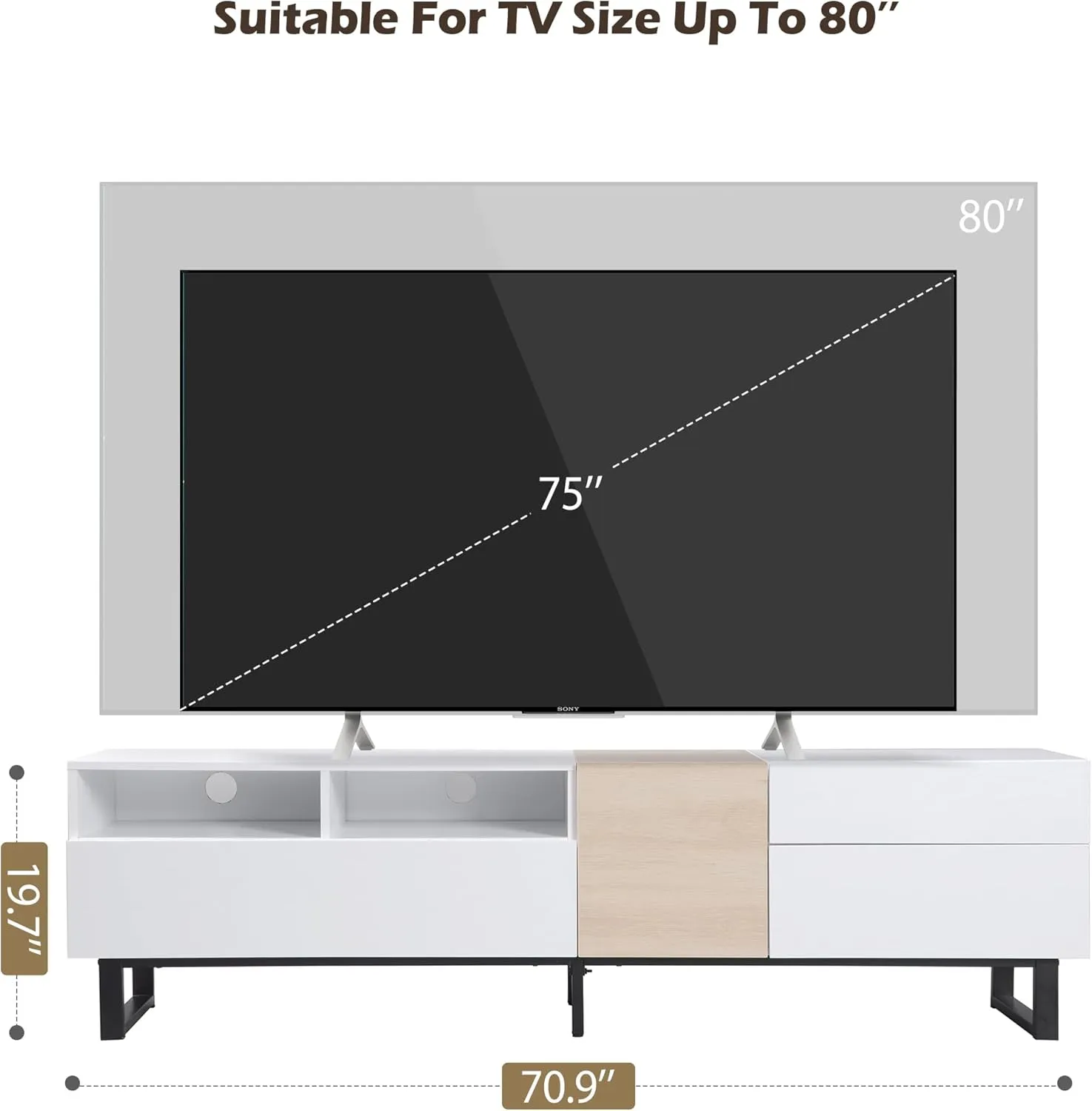 Modern TV Stand with 3 Cabinets & Open Shelves, Minimalist Wooden Entertainment Center for TVs Up to 80”, Sturdy TV Console for Living Room Bedroom Decor (White)
