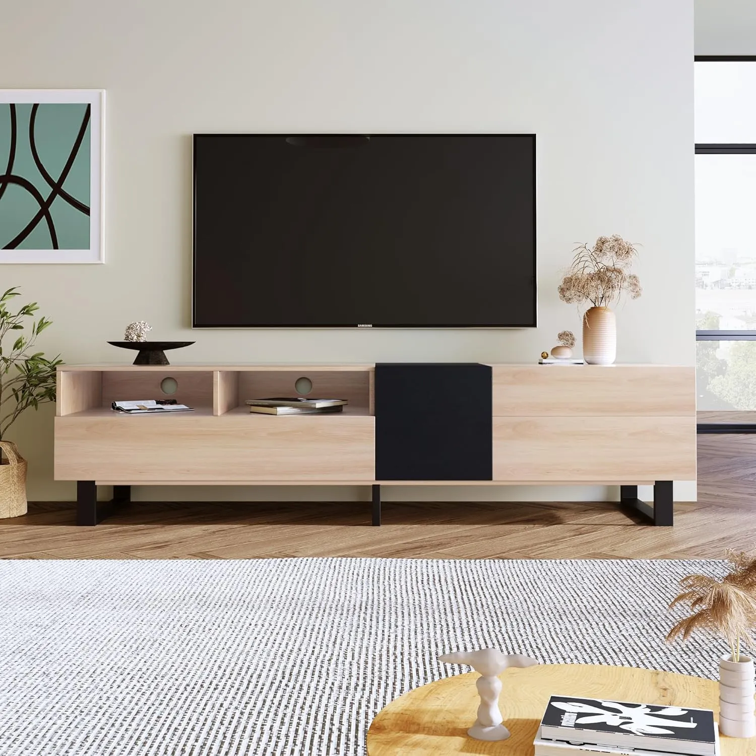 Modern TV Stand with 3 Cabinets & Open Shelves, Minimalist Wooden Entertainment Center for TVs Up to 80”, Sturdy TV Console for Living Room Bedroom Decor (Wood)