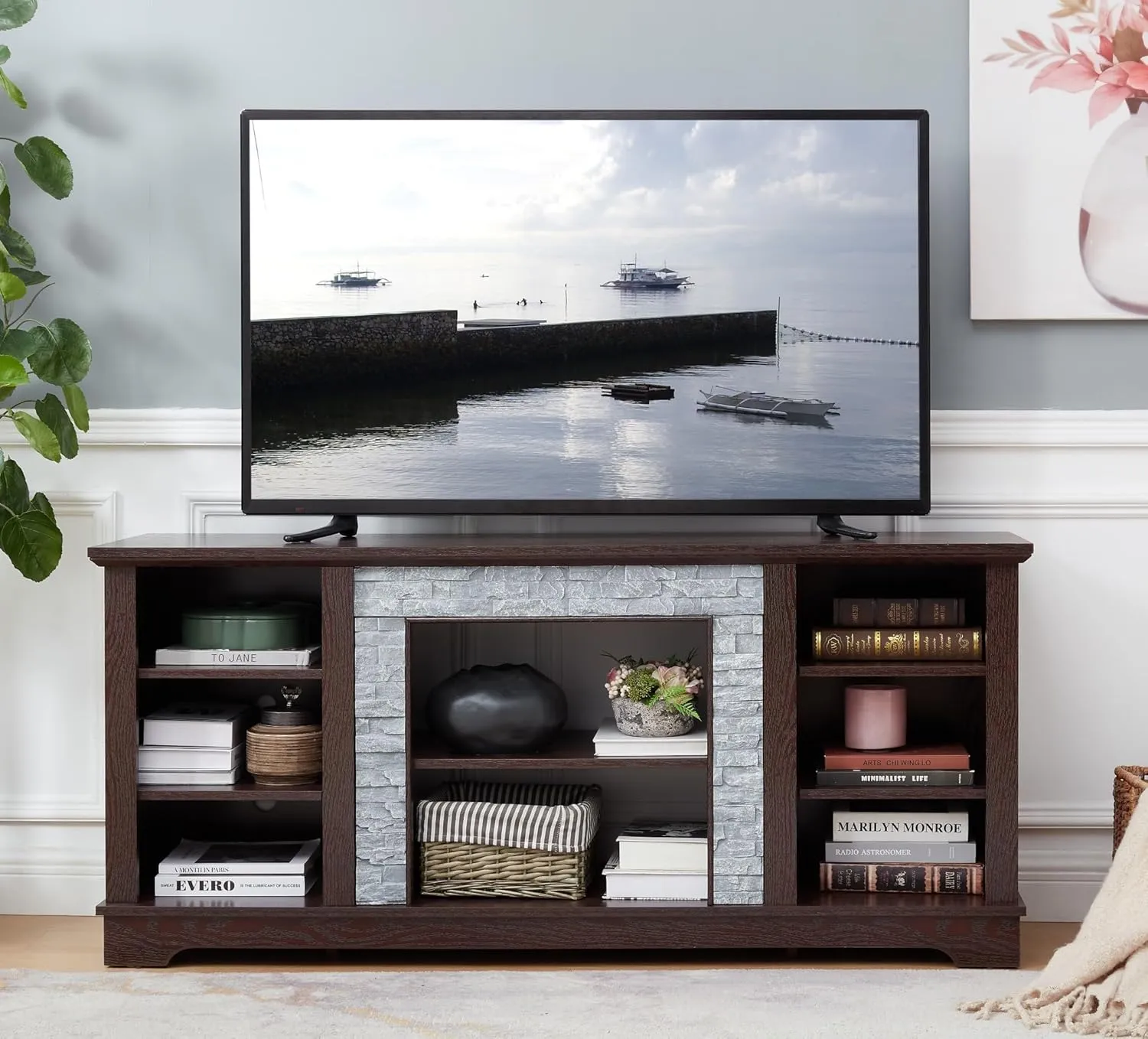 Modern TV Stand with Faux Stacked Stone, 58" W Entertainment Center with Large Storage Space, Wood Media Console Table for TVs Up to 65", Rack for Living Room