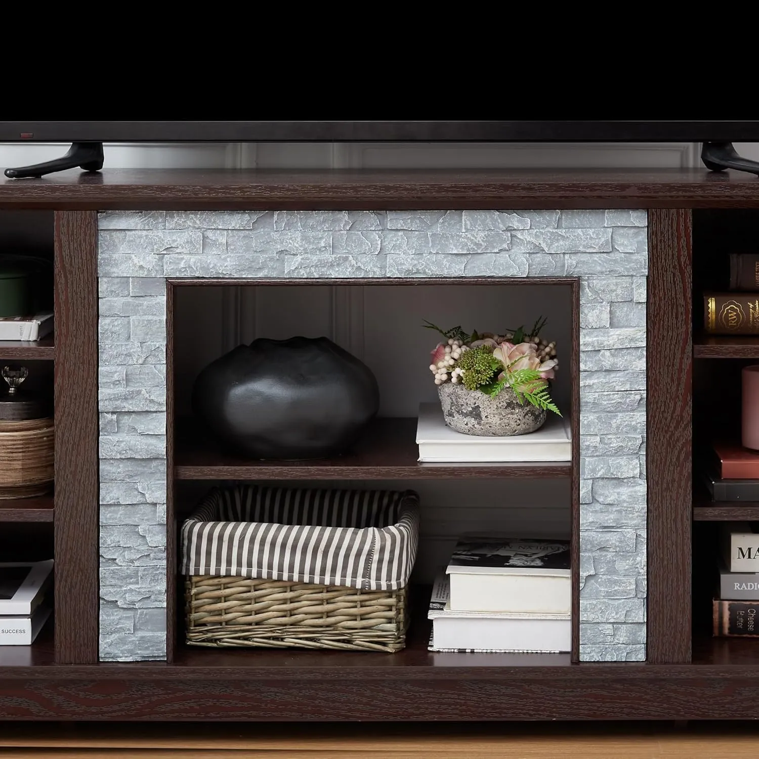 Modern TV Stand with Faux Stacked Stone, 58" W Entertainment Center with Large Storage Space, Wood Media Console Table for TVs Up to 65", Rack for Living Room
