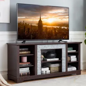 Modern TV Stand with Faux Stacked Stone, 58" W Entertainment Center with Large Storage Space, Wood Media Console Table for TVs Up to 65", Rack for Living Room