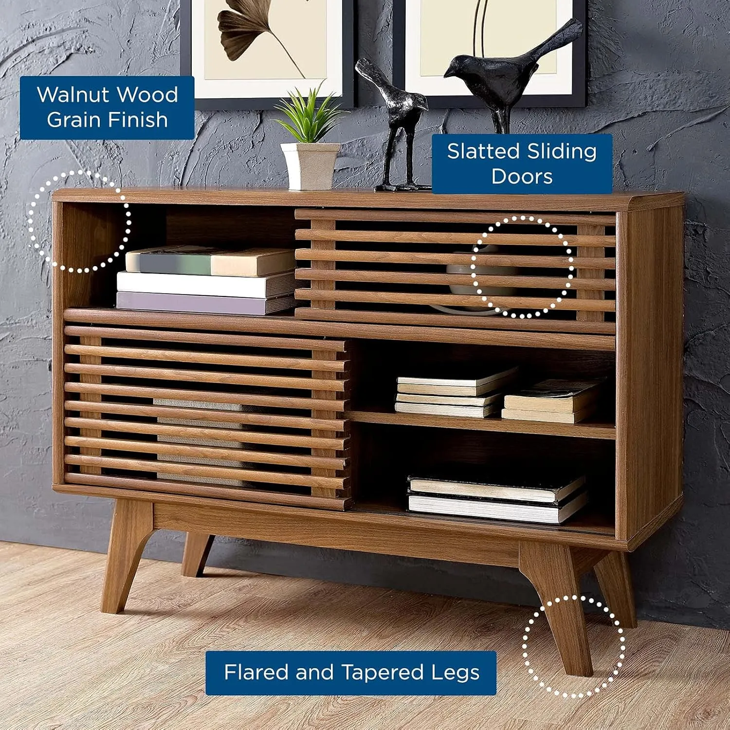 Modway Render Mid-Century Modern Two-Tier Display Stand in Walnut
