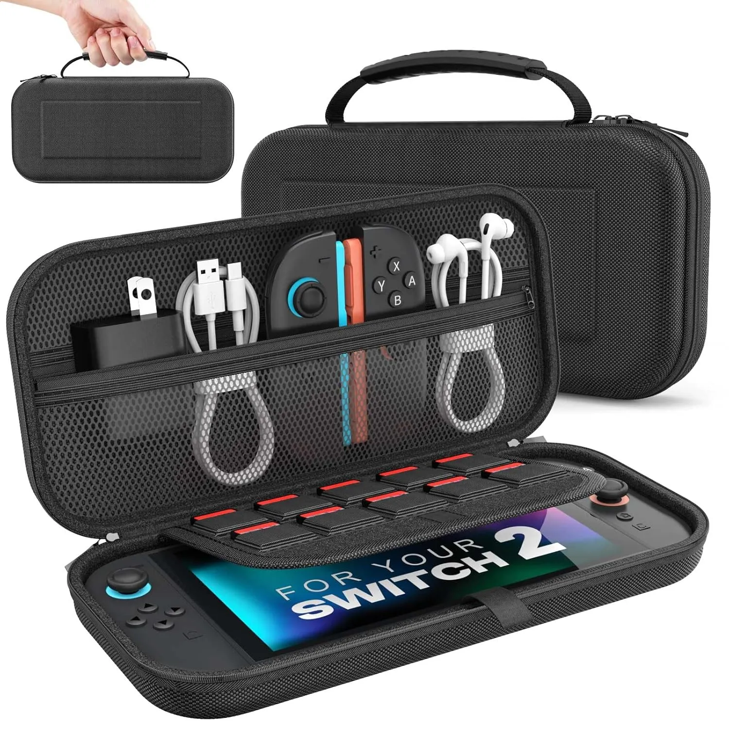MoKo Carrying Case for Nintendo Switch 2 2025, Protective Hard Shell Portable Travel Carry Case Pouch Holds 10 Cartridges w/Pockets for Switch 2 Accessories and Games, Black