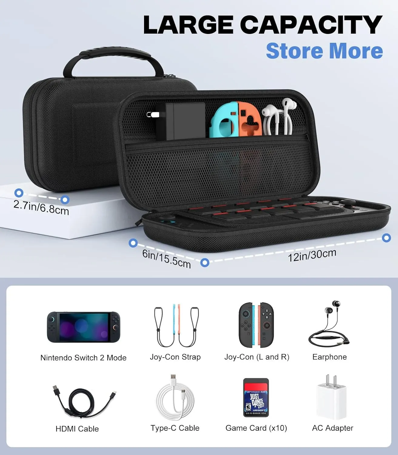 MoKo Carrying Case for Nintendo Switch 2 2025, Protective Hard Shell Portable Travel Carry Case Pouch Holds 10 Cartridges w/Pockets for Switch 2 Accessories and Games, Black