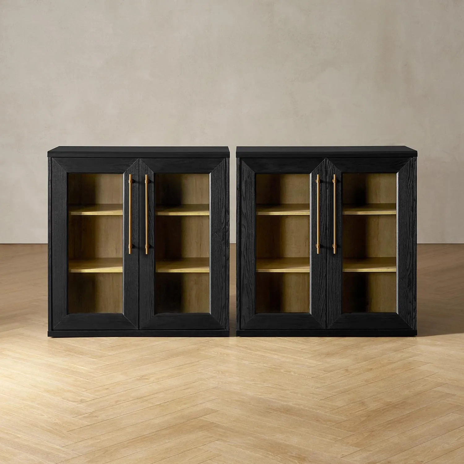 mopio Blake Storage Cabinet, Small Modular Accent Display Sideboard Buffet Cabinet with Storage, Media Console Credenza, for Kitchen, Coffee Bar, Pantry, Living Room (Black Oak Acrylic, Set of 2)